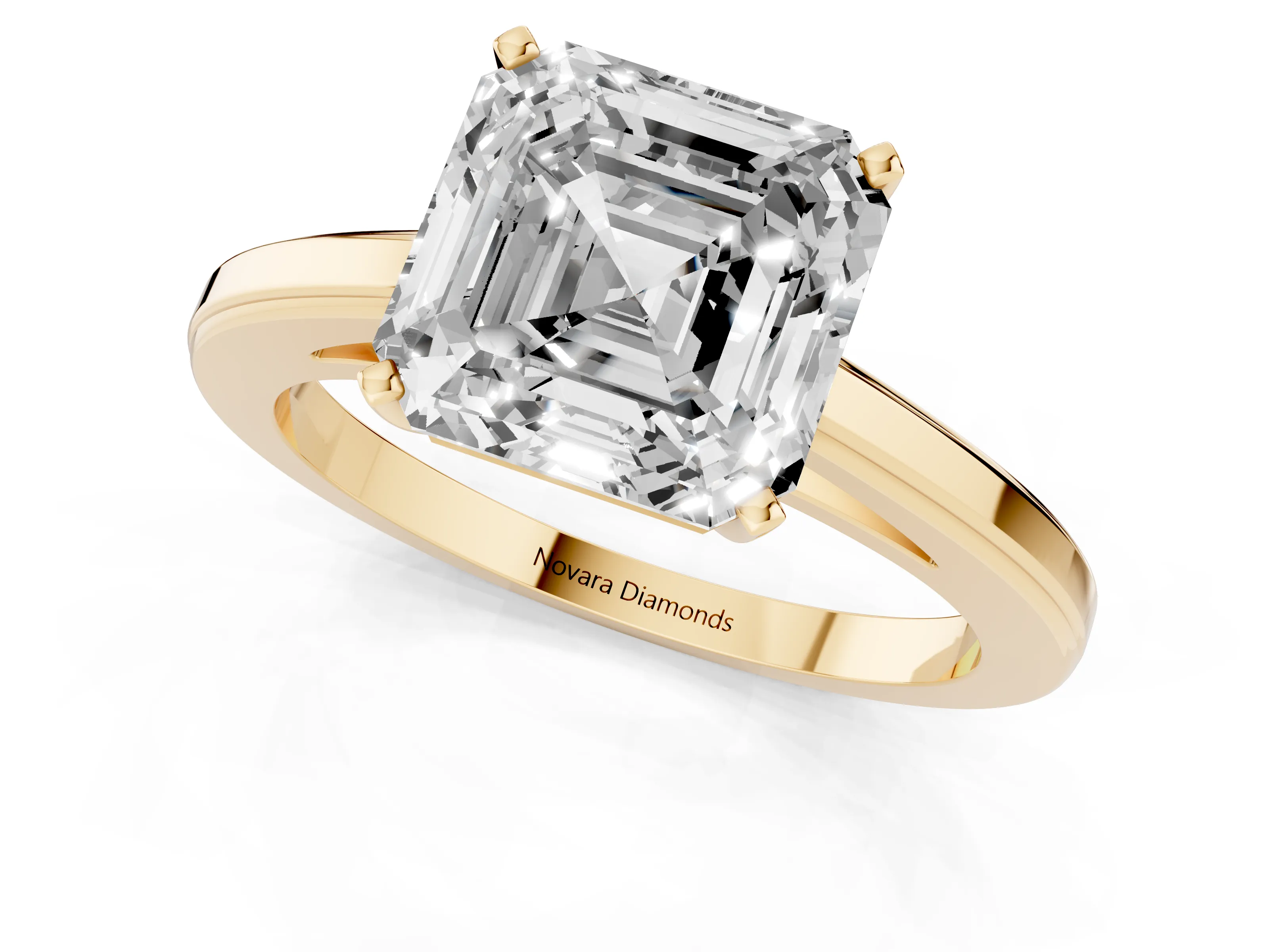 Asscher Cut Diamond Solitaire Ring Set in Yellow gold with Prong Setting and Classic Band