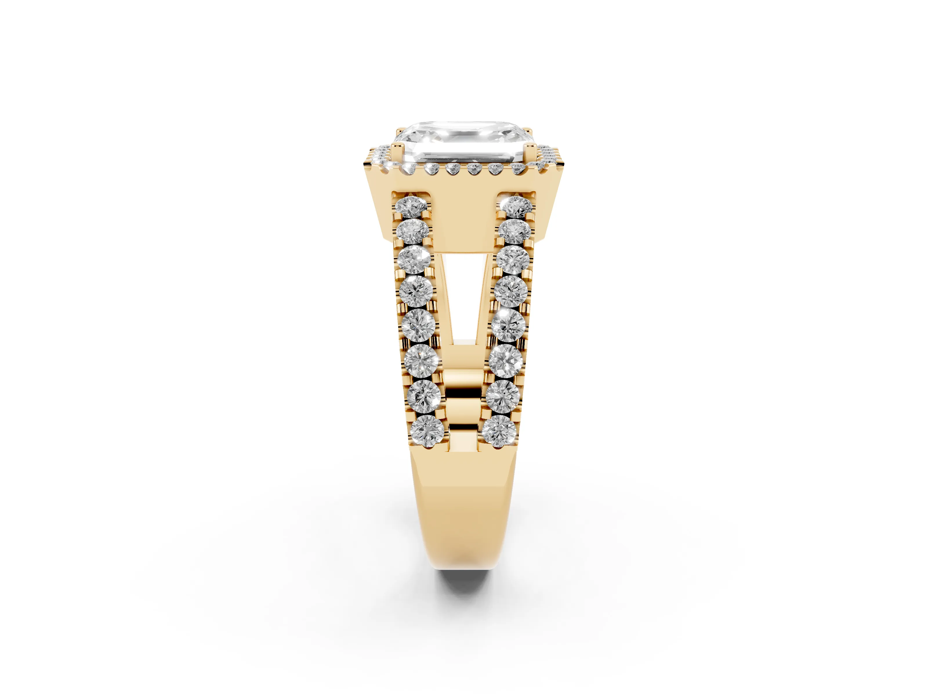 Asscher Cut Diamond Halo Ring Set in Yellow gold with Pavé Split Shank and Prong Setting