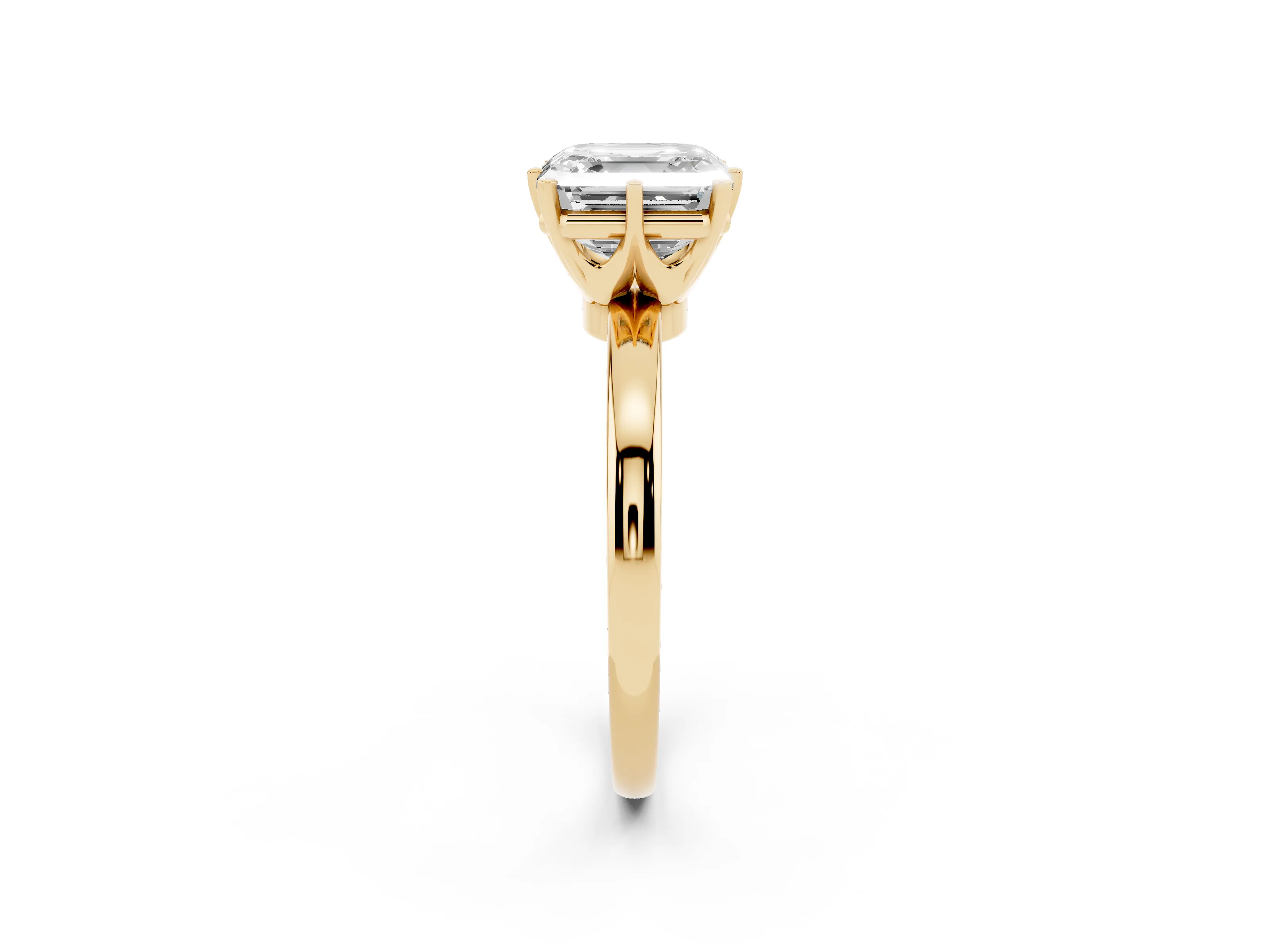 Asscher Cut Diamond Solitaire Ring Set in Yellow gold with Raised Prong Setting on a Classic Band