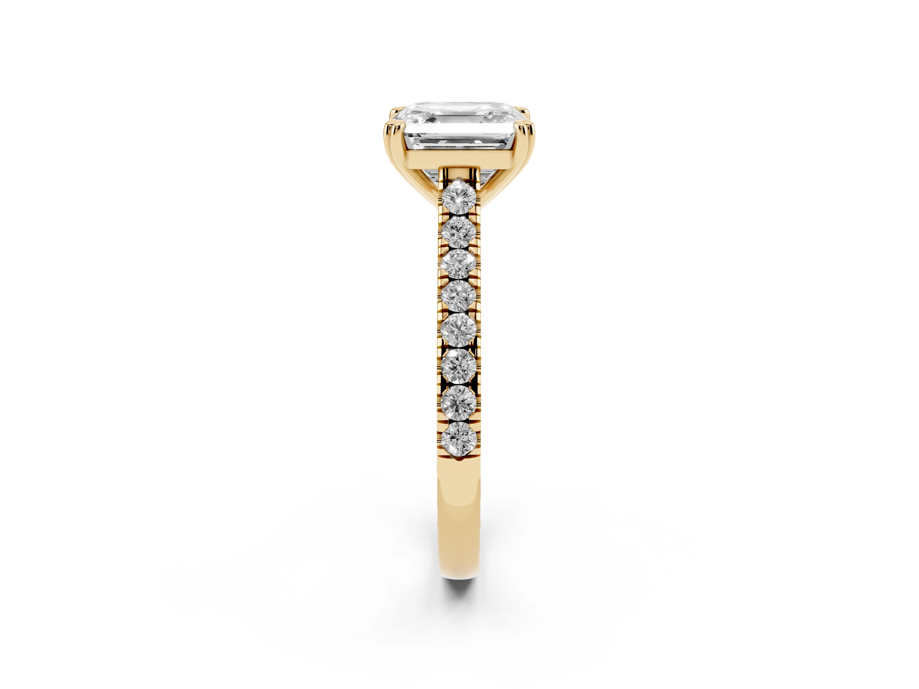 Asscher Cut Diamond Solitaire Engagement Ring Set in Yellow gold with Pavé Accents and Prong Setting