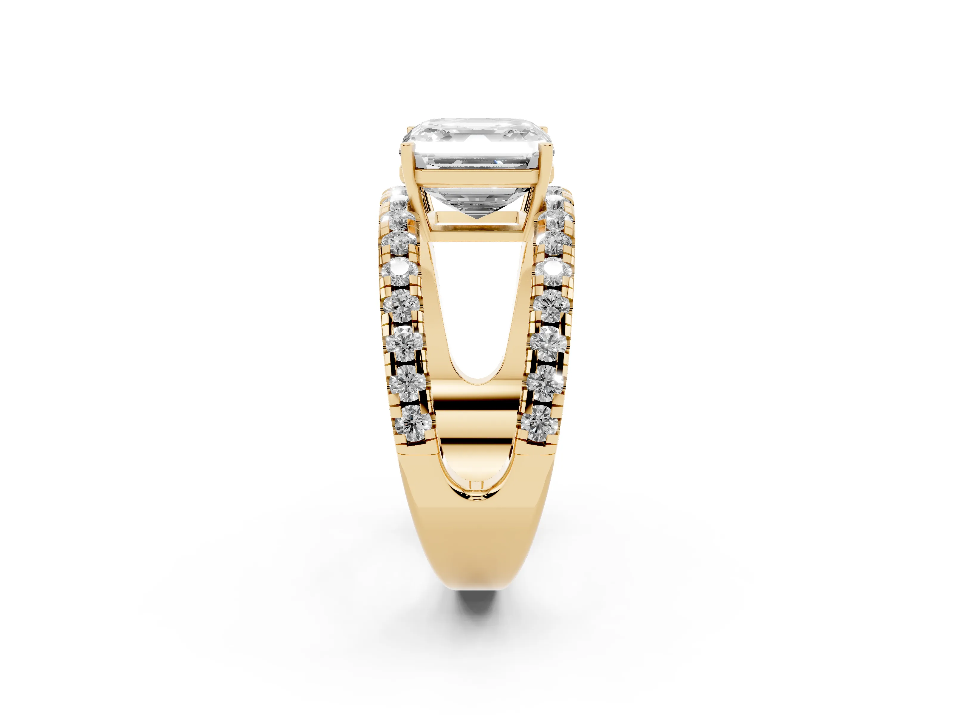 Asscher Cut Diamond Split Shank Pavé Solitaire Ring Set in Yellow gold with Open Shank Design