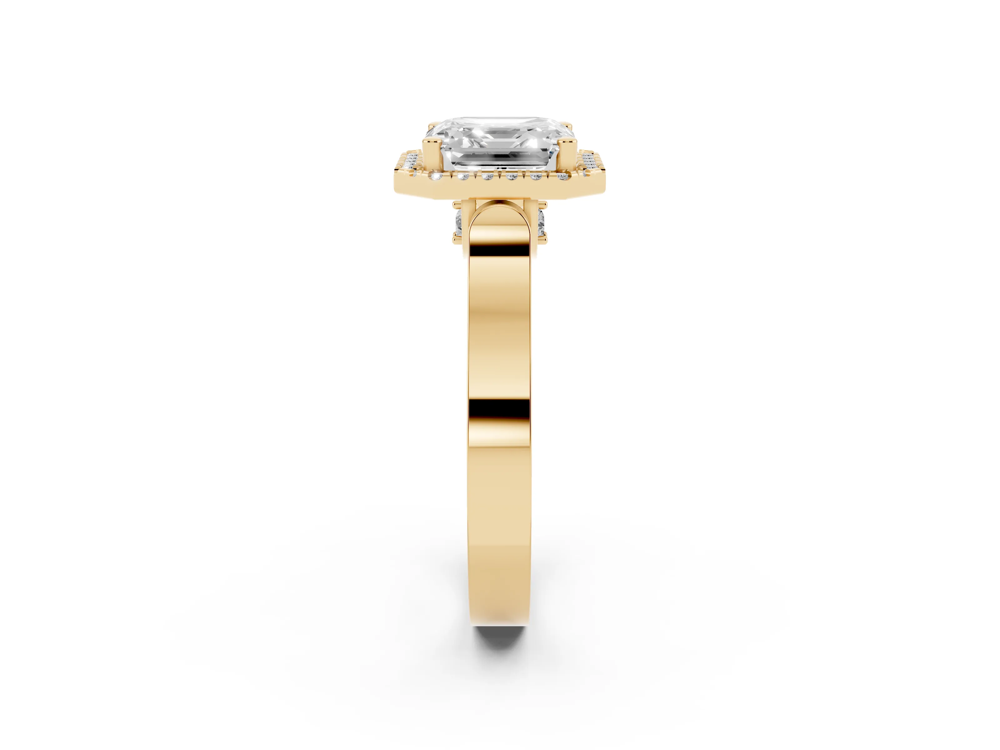 Asscher Cut Diamond Halo Ring Set in Yellow gold with Pavé-Lined Split Shank Band