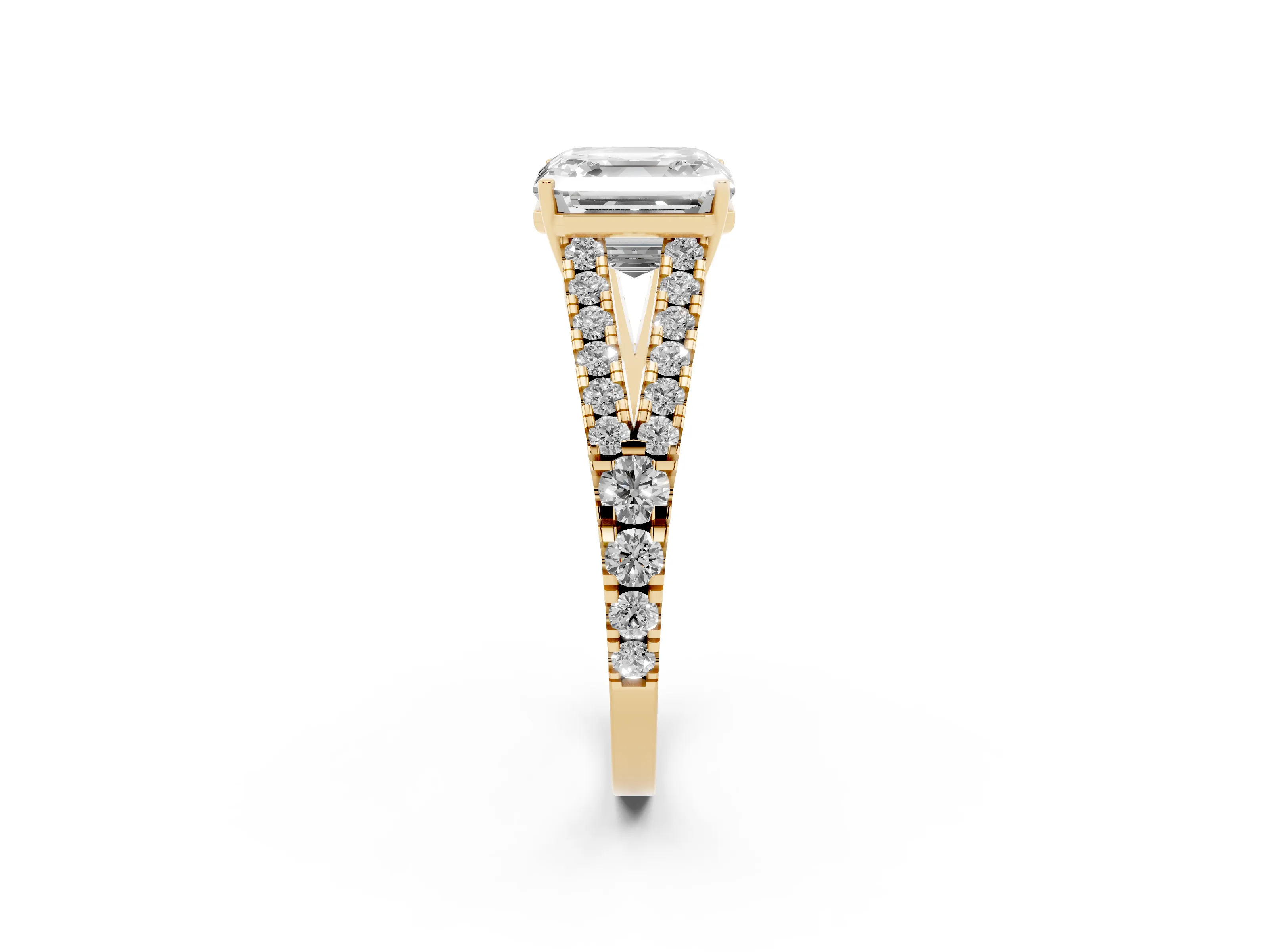 Asscher Cut Diamond Split Shank Engagement Ring Set in Yellow gold with Round Pavé and Prong Setting
