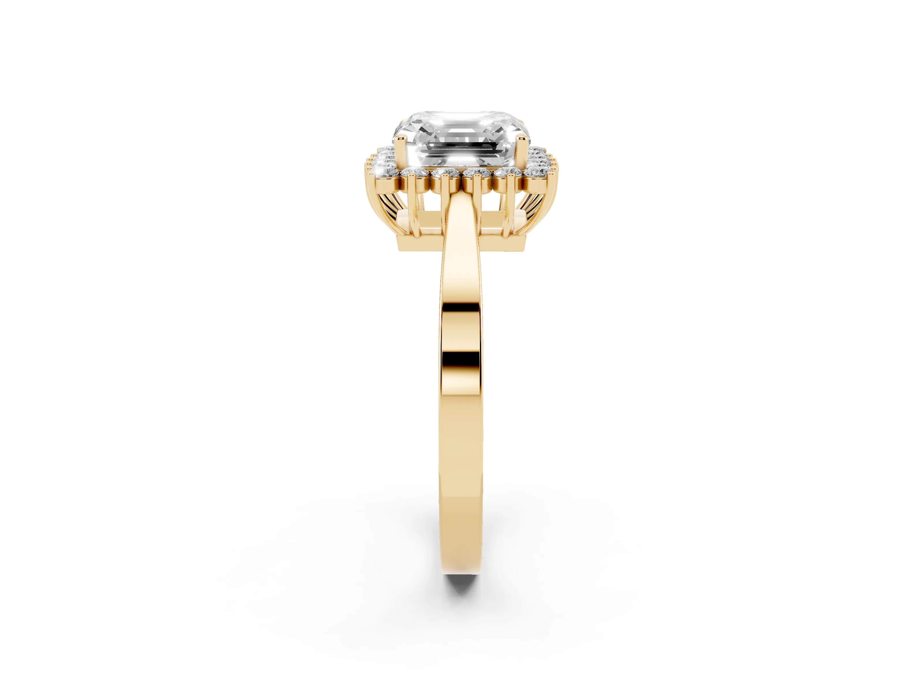Asscher Cut Diamond Halo Ring Set in Yellow gold with Round Halo and Smooth Solitaire Band
