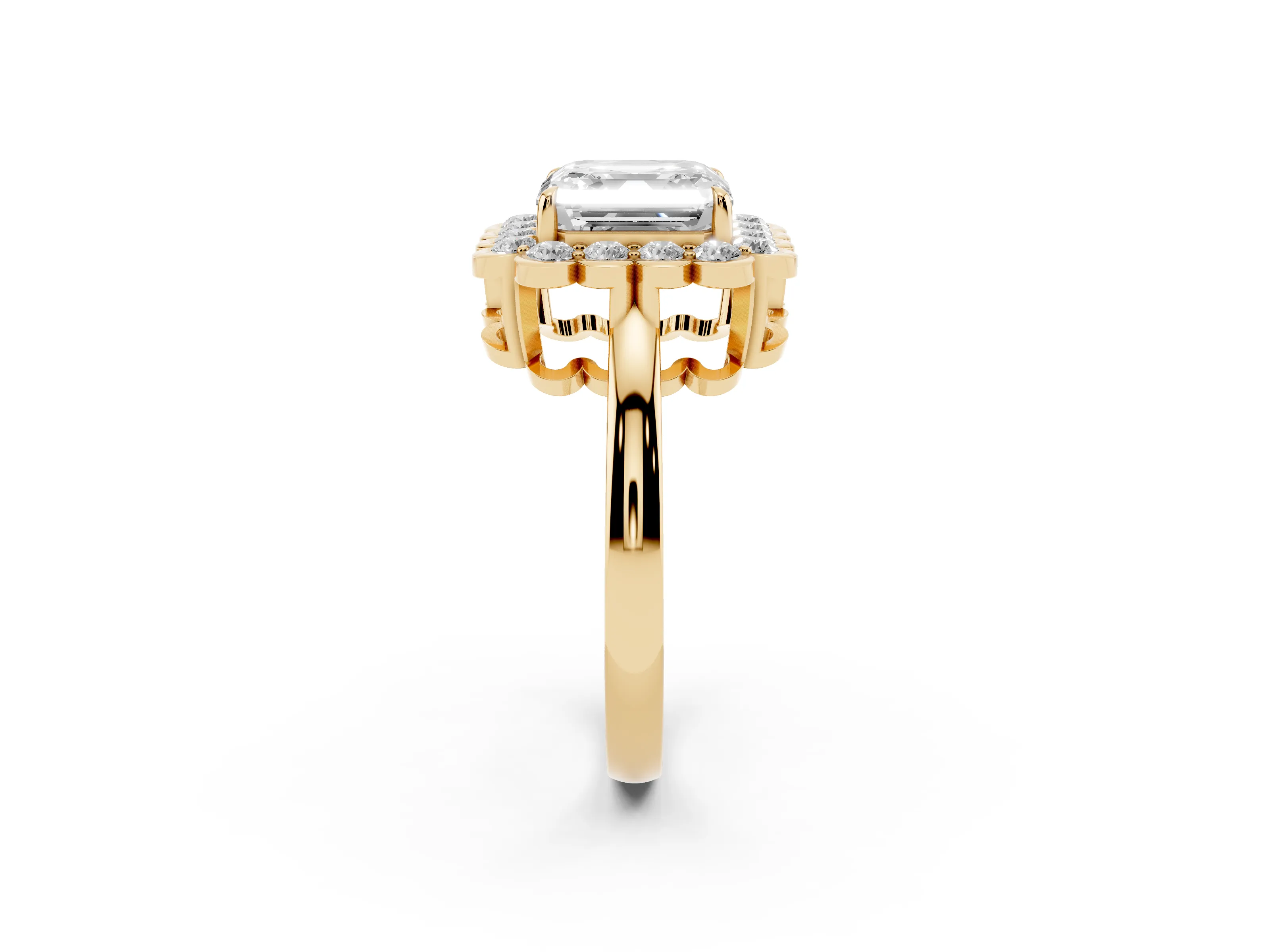 Asscher Cut Diamond Halo Cluster Engagement Ring Set in Yellow gold with Solitaire Band and Prong Setting