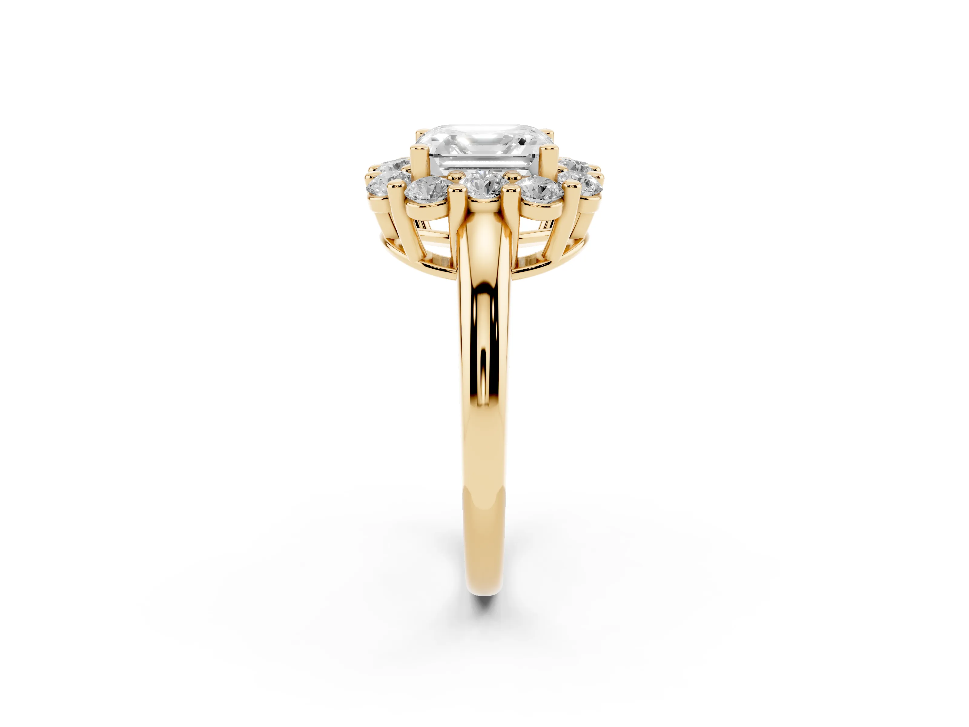 Asscher Cut Diamond Halo Cluster Engagement Ring Set in Yellow gold with Polished Band and Prong Setting