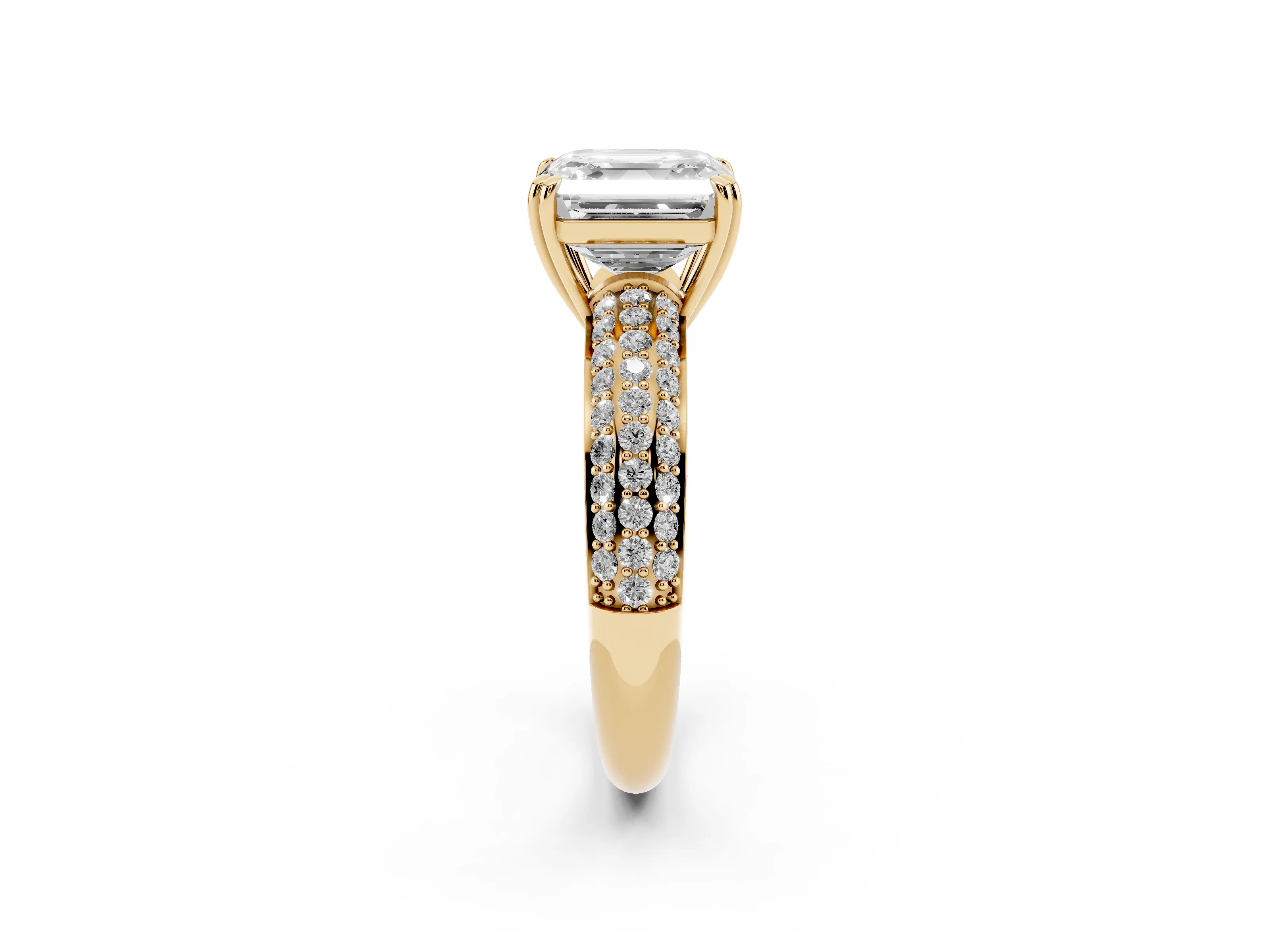 Asscher Cut Diamond Solitaire Ring Set in Yellow gold with Multi-Row Round Pavé Band and Prong Setting