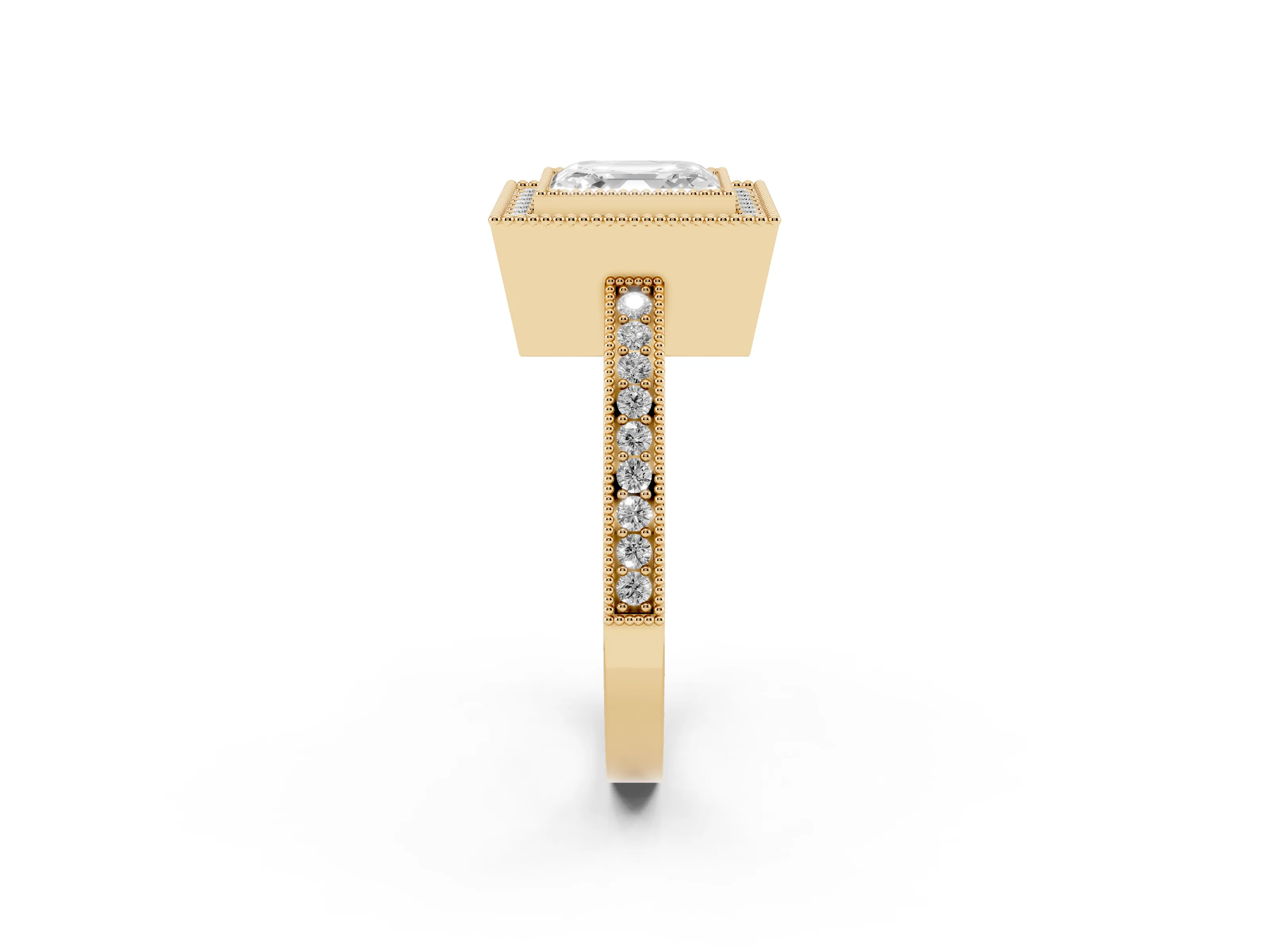 Asscher Cut Diamond Round Halo Ring Set in Yellow gold with Pavé Band