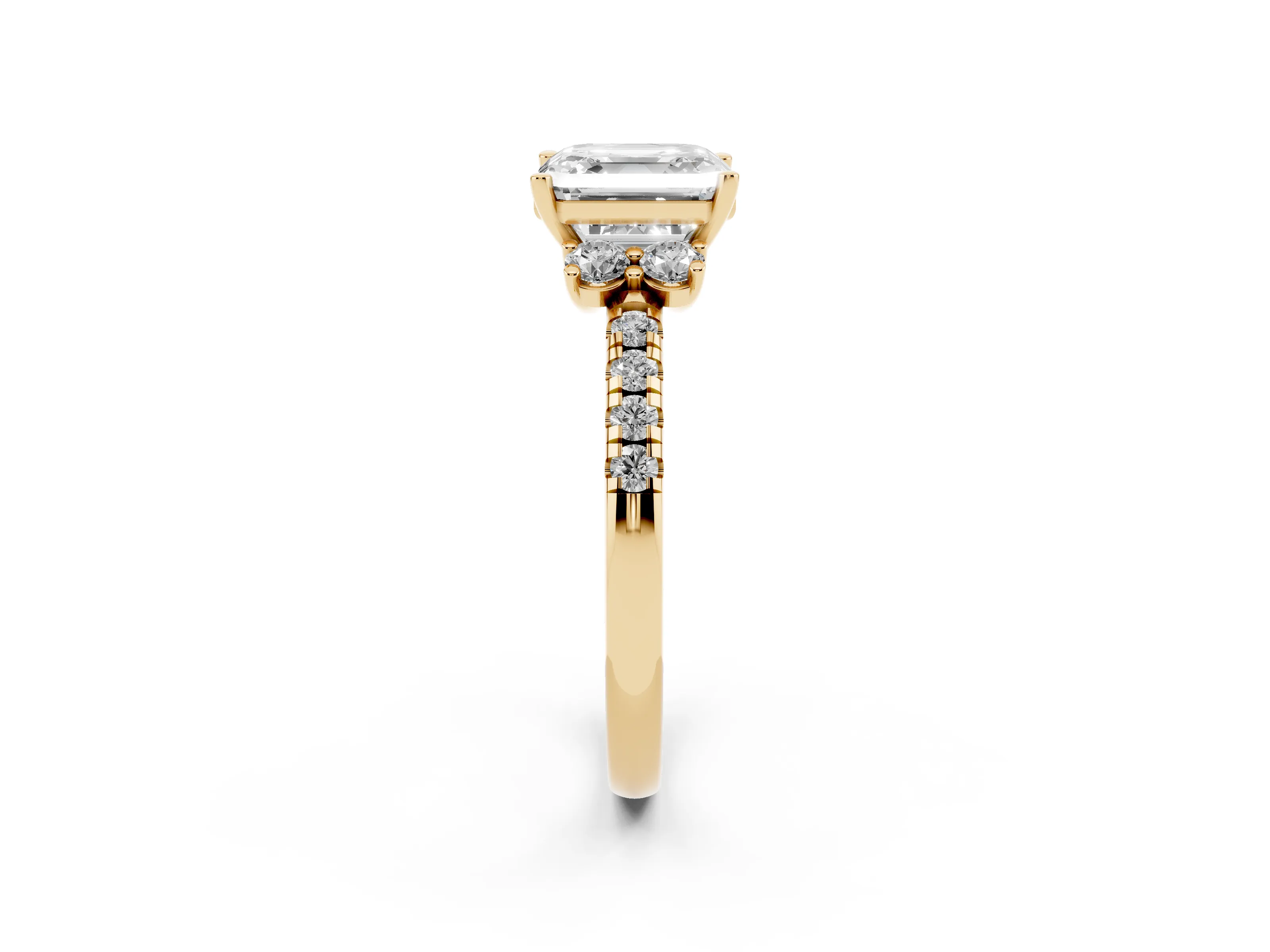 Asscher Cut Diamond Three-Stone Pavé Ring Set in Yellow gold with Prong Setting