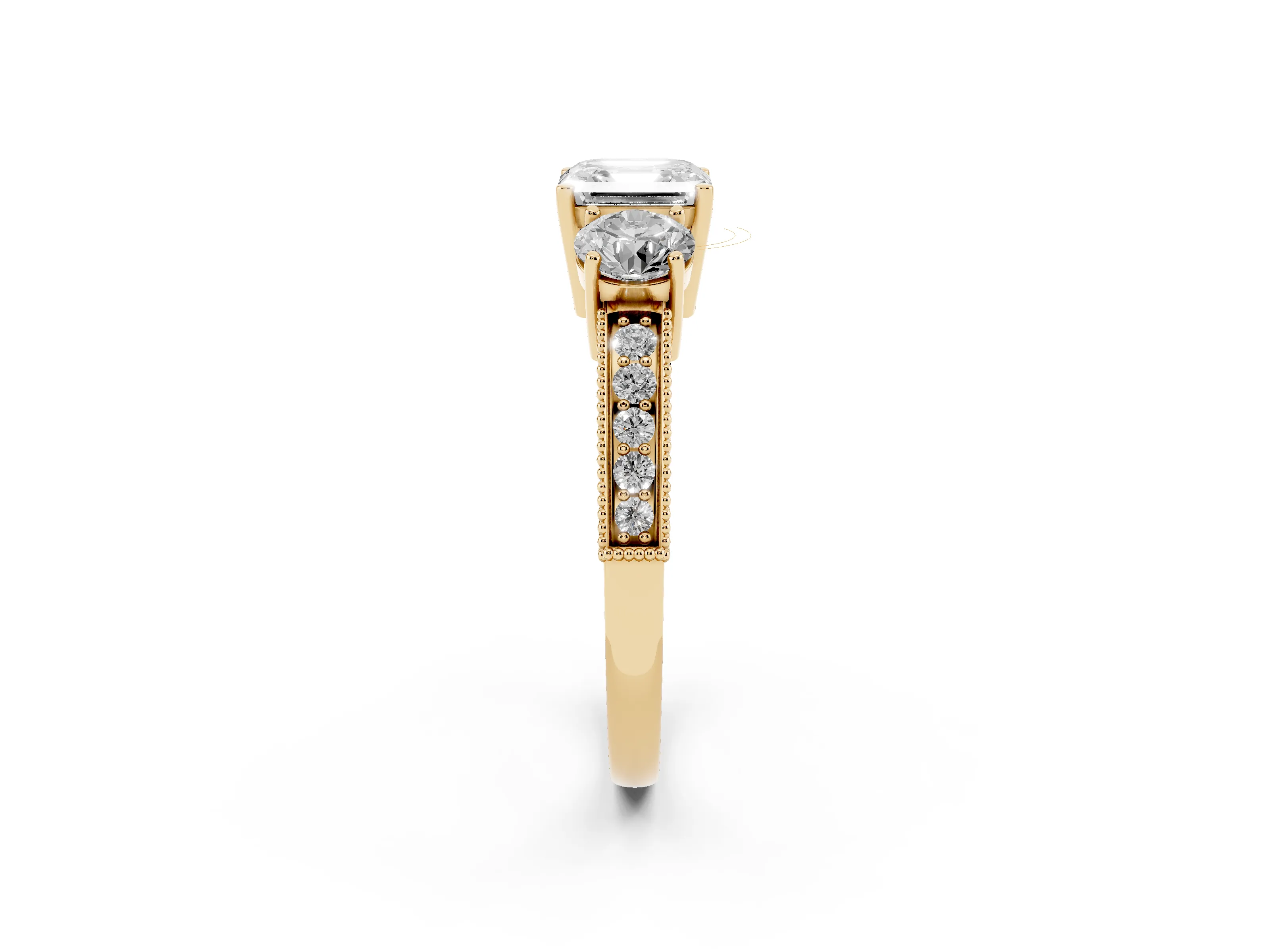 Asscher Cut Diamond Three-Stone Ring Set in Yellow gold with Round Side Stones and Pavé Band