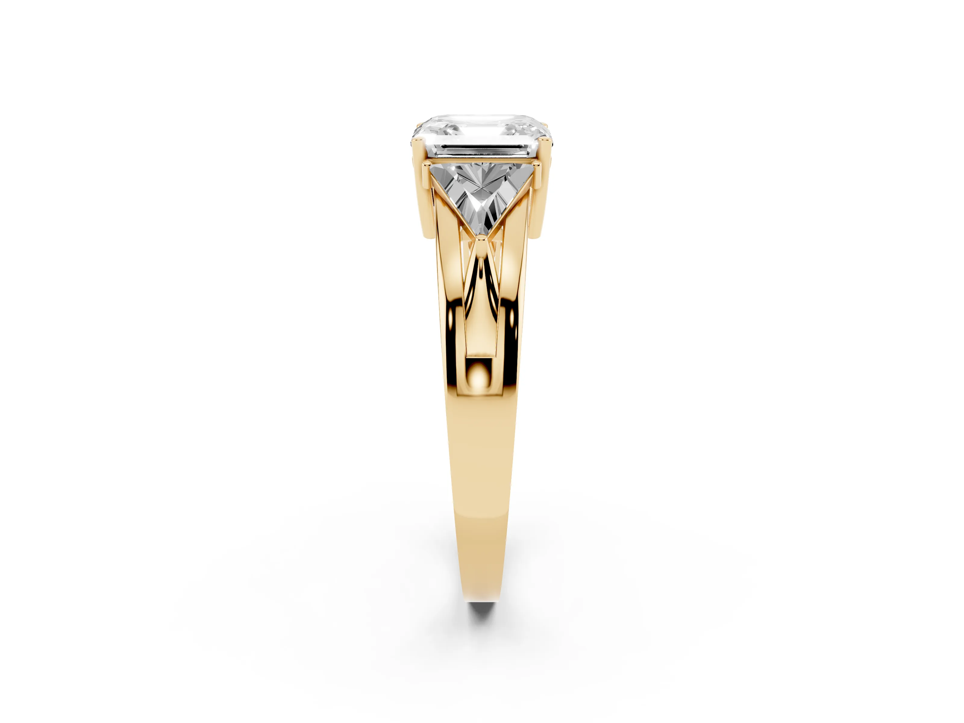 Asscher Cut Diamond Three-Stone Ring Set in Yellow gold with Trillion Side Stones and Split Shank