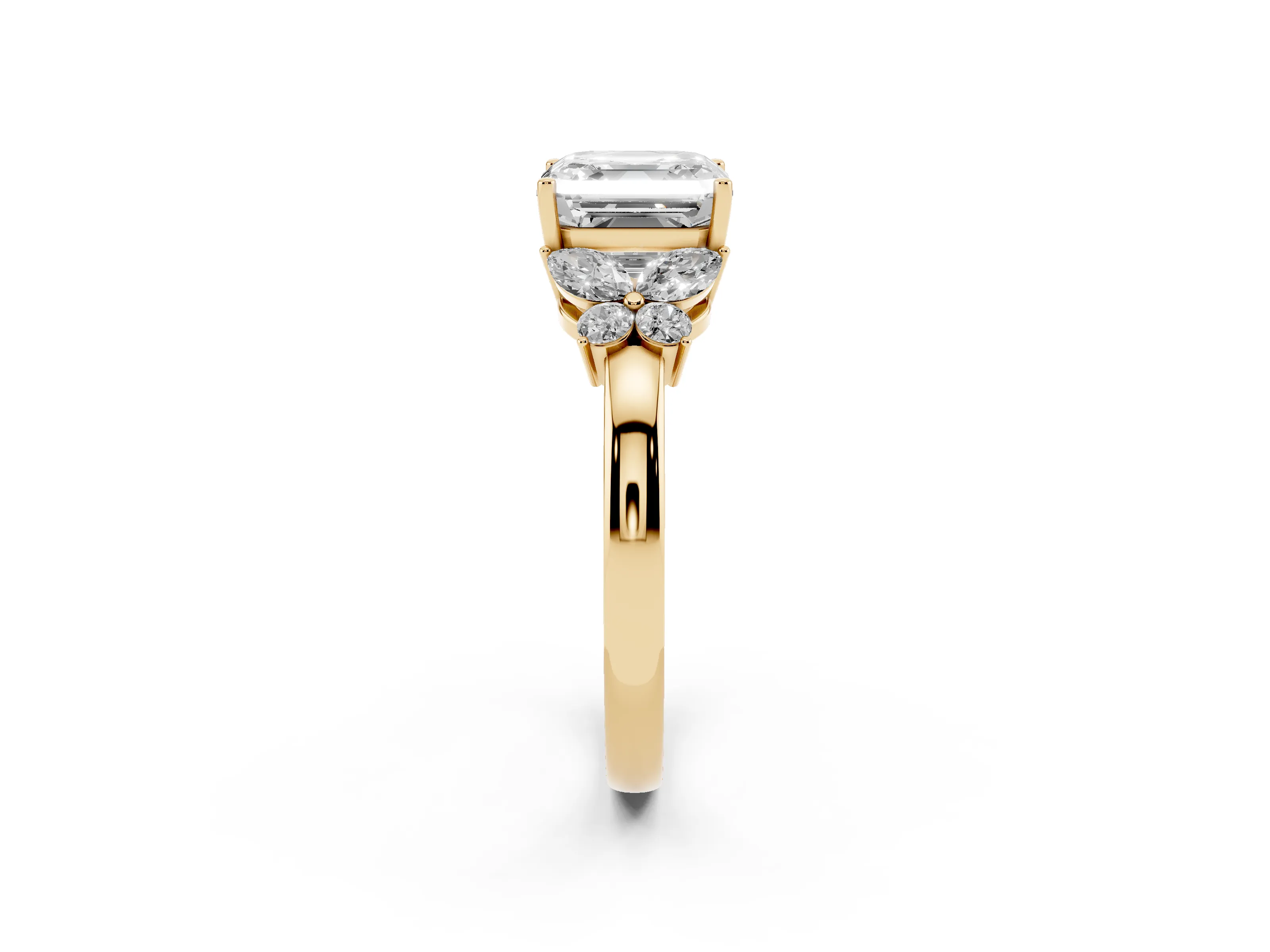 Asscher Cut Diamond Solitaire Floral Ring Set in Yellow gold with Marquise Petals and Prong Setting