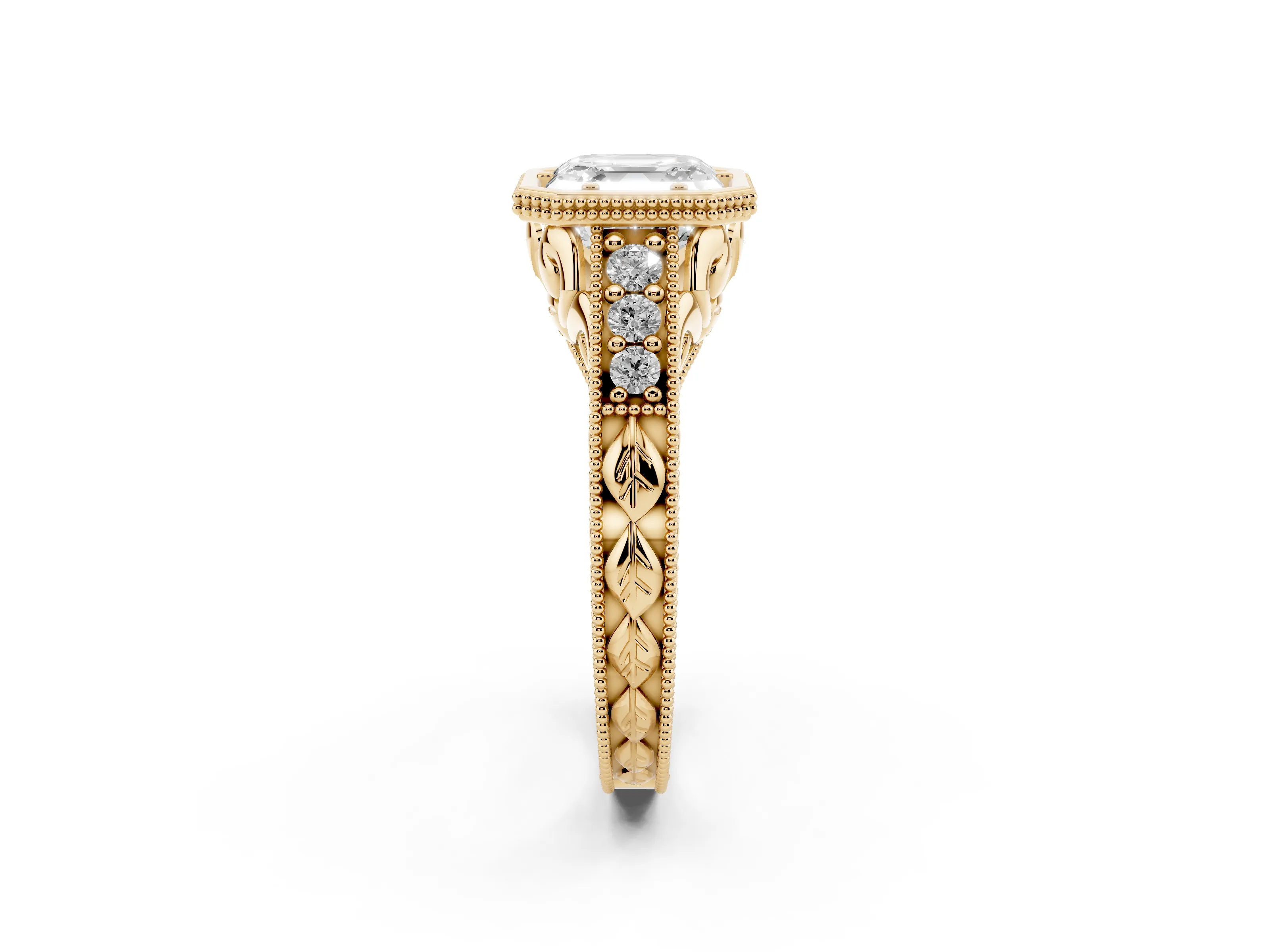 Bezel Set Asscher Cut Diamond Milgrain Pavé Engagement Ring Set in Yellow gold