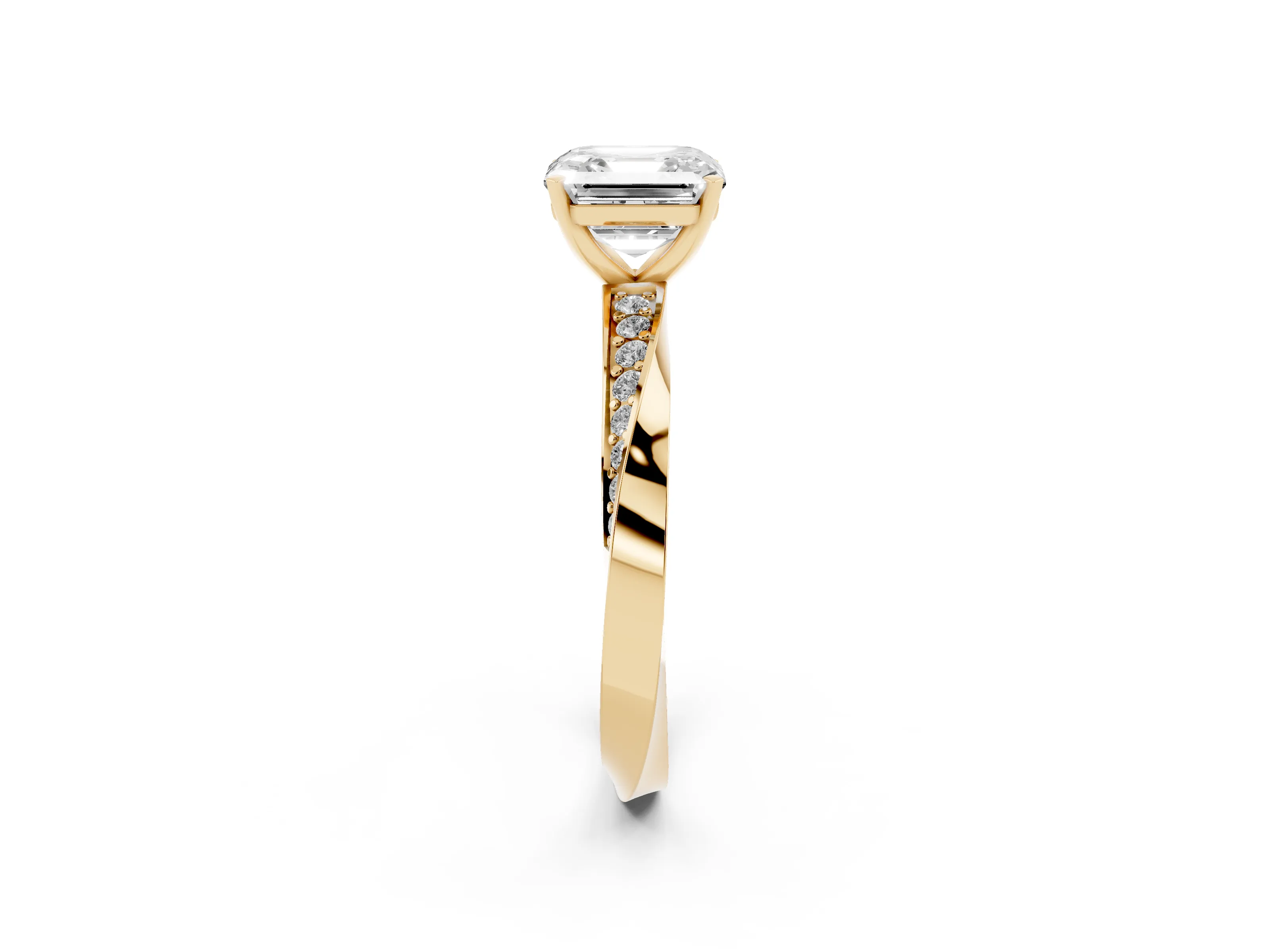 Asscher Cut Diamond Engagement Ring Set in Yellow gold with Side Stone Accents and Prong Setting