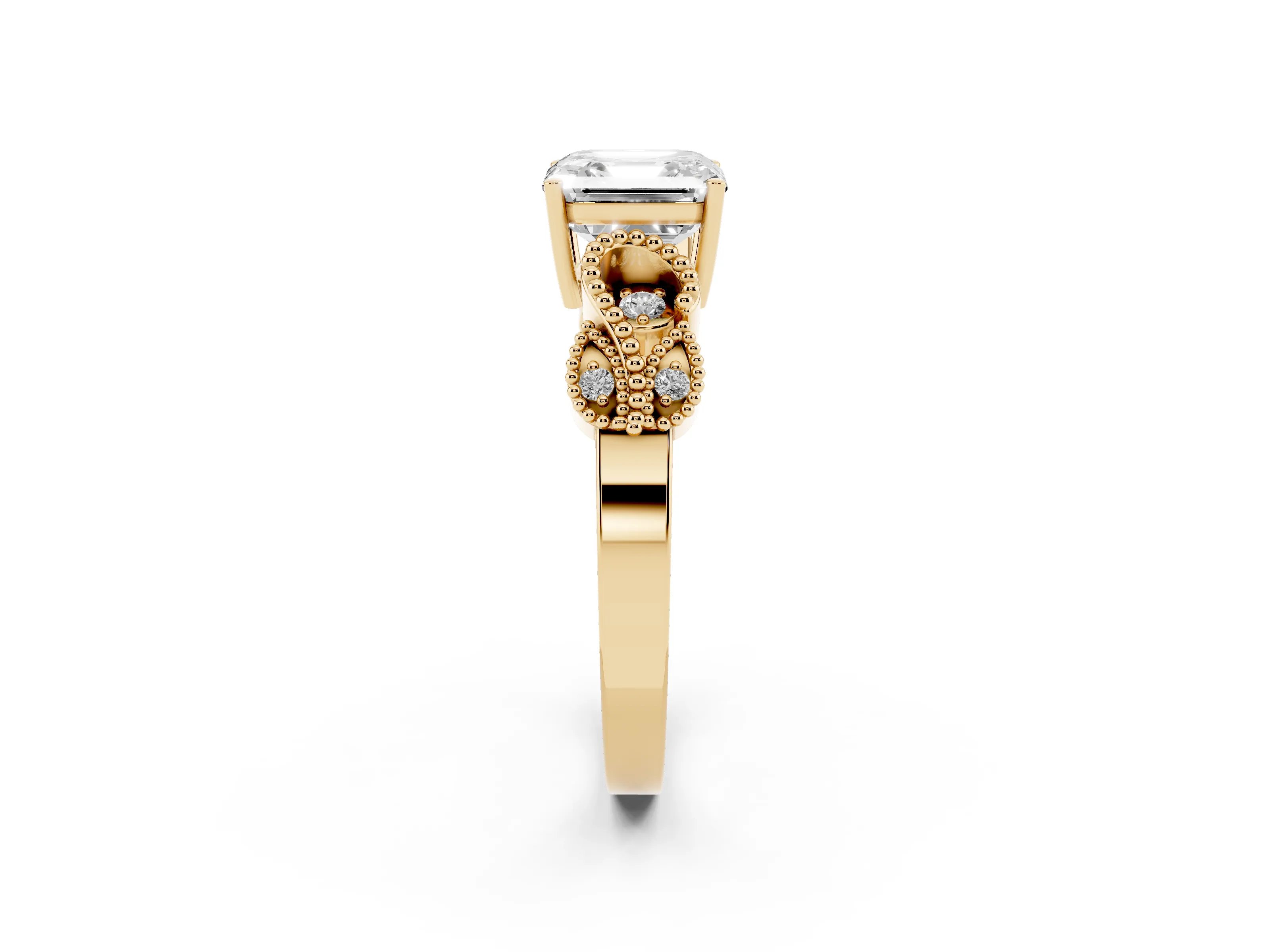 Asscher Cut Diamond Milgrain Leaf Band Solitaire Ring Set in Yellow gold with Accent Stones and Prong Setting