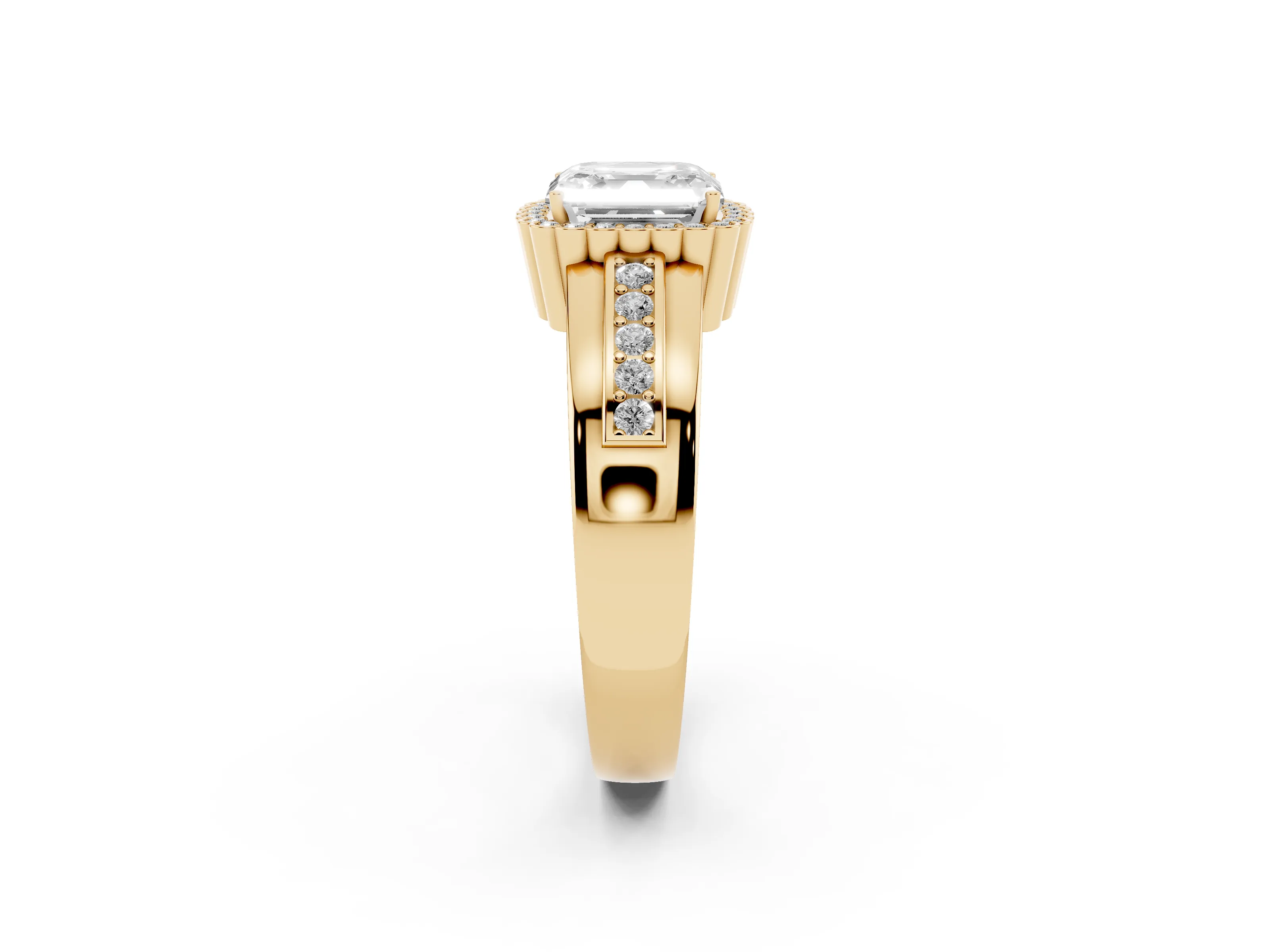 Asscher Cut Diamond Halo Prong Ring Set in Yellow gold with Pavé Band