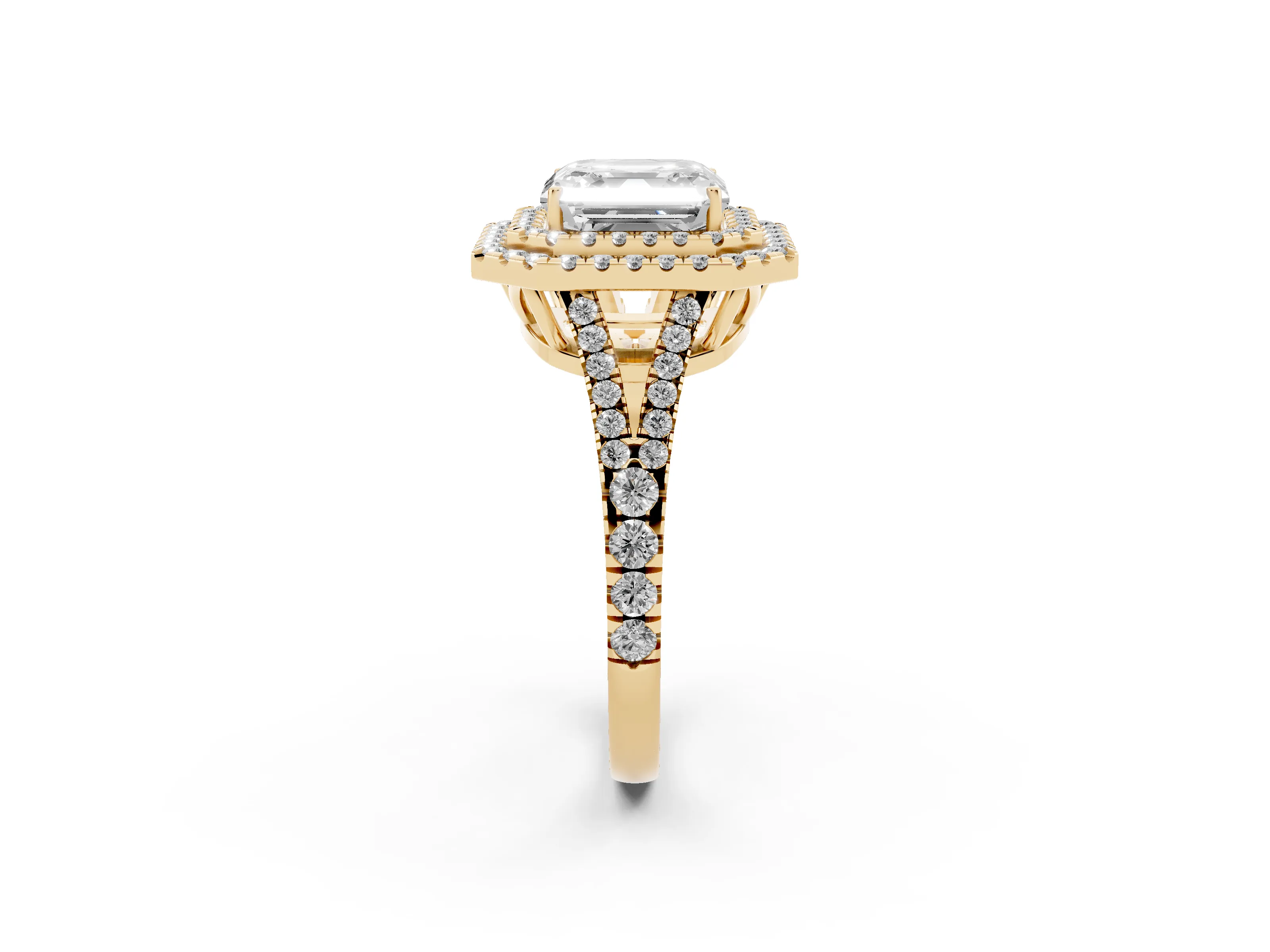 Asscher Cut Diamond Double Halo Ring Set in Yellow gold with Pavé Band