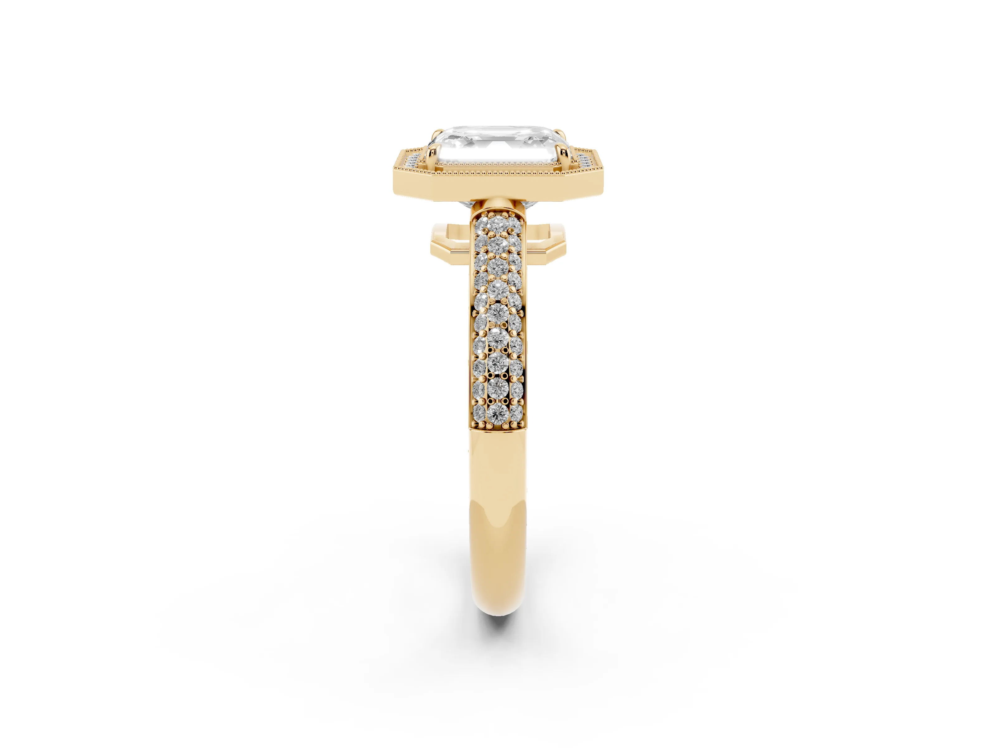 Asscher Cut Diamond Halo Pavé Band Set in Yellow gold with Prong Setting