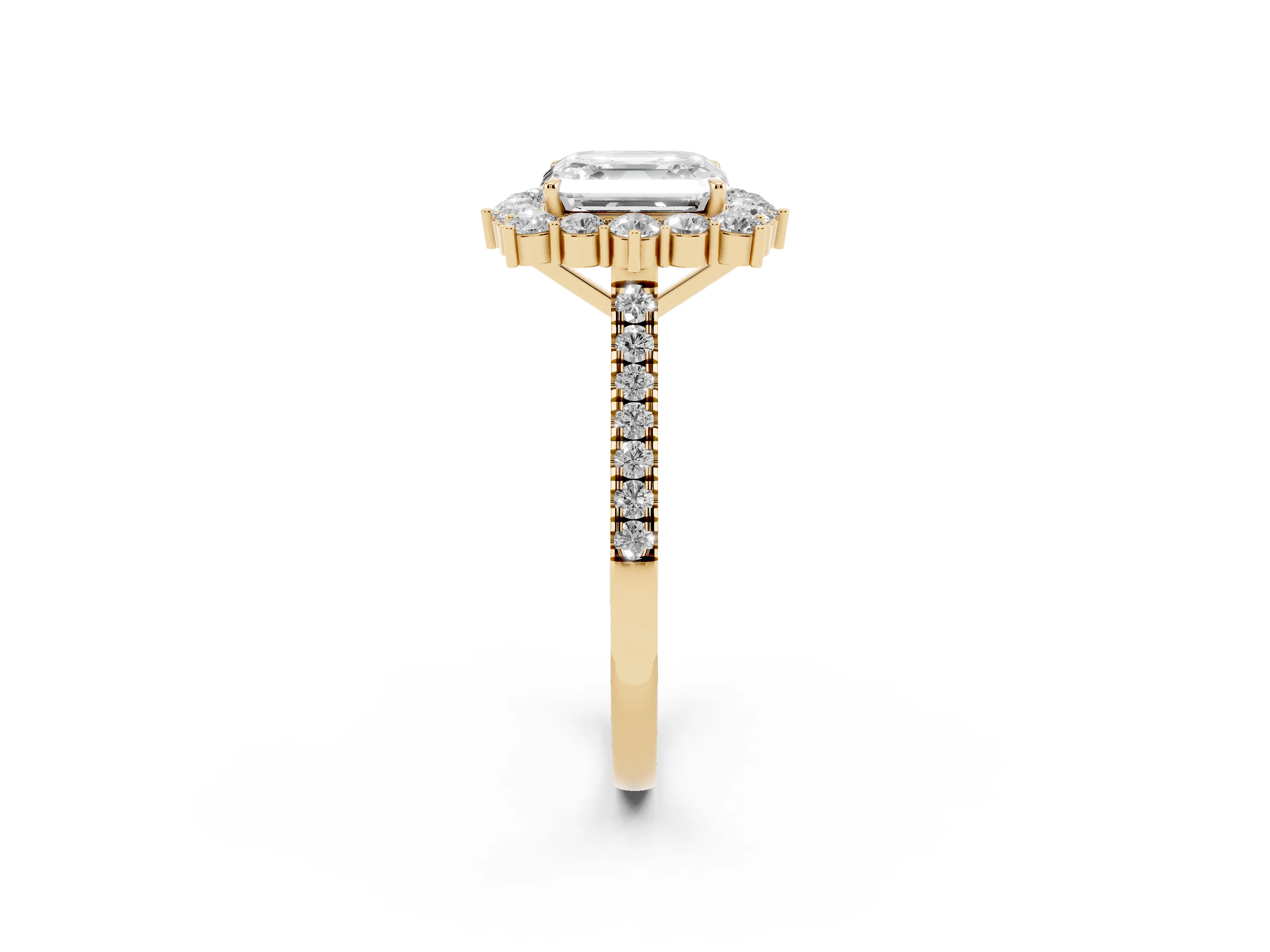 Asscher Cut Diamond Halo Ring Set in Yellow gold with Pavé Band and Prong Setting