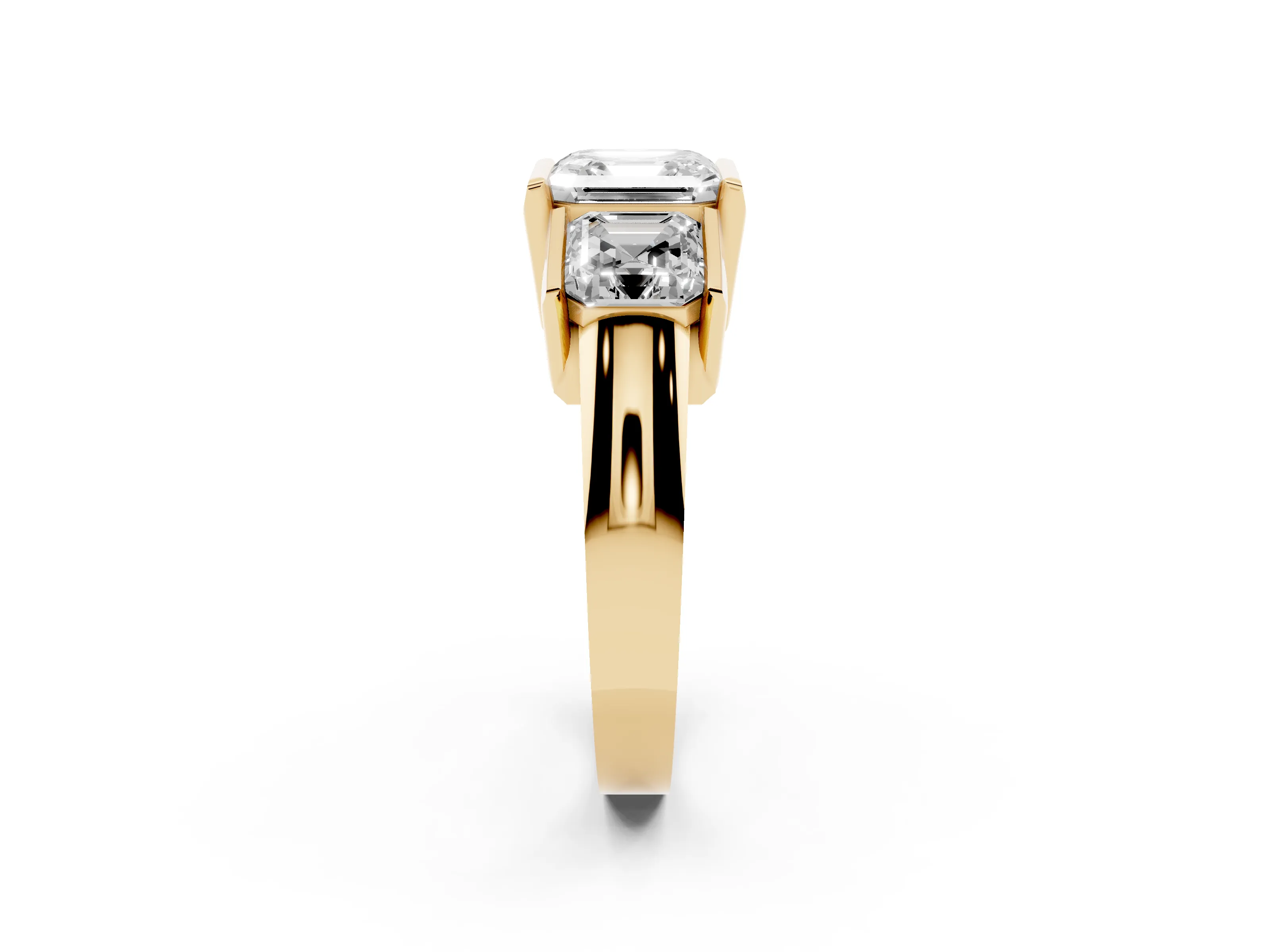 Asscher Cut Diamond Three-Stone Channel Set Ring Set in Yellow gold with Smooth Polished Band