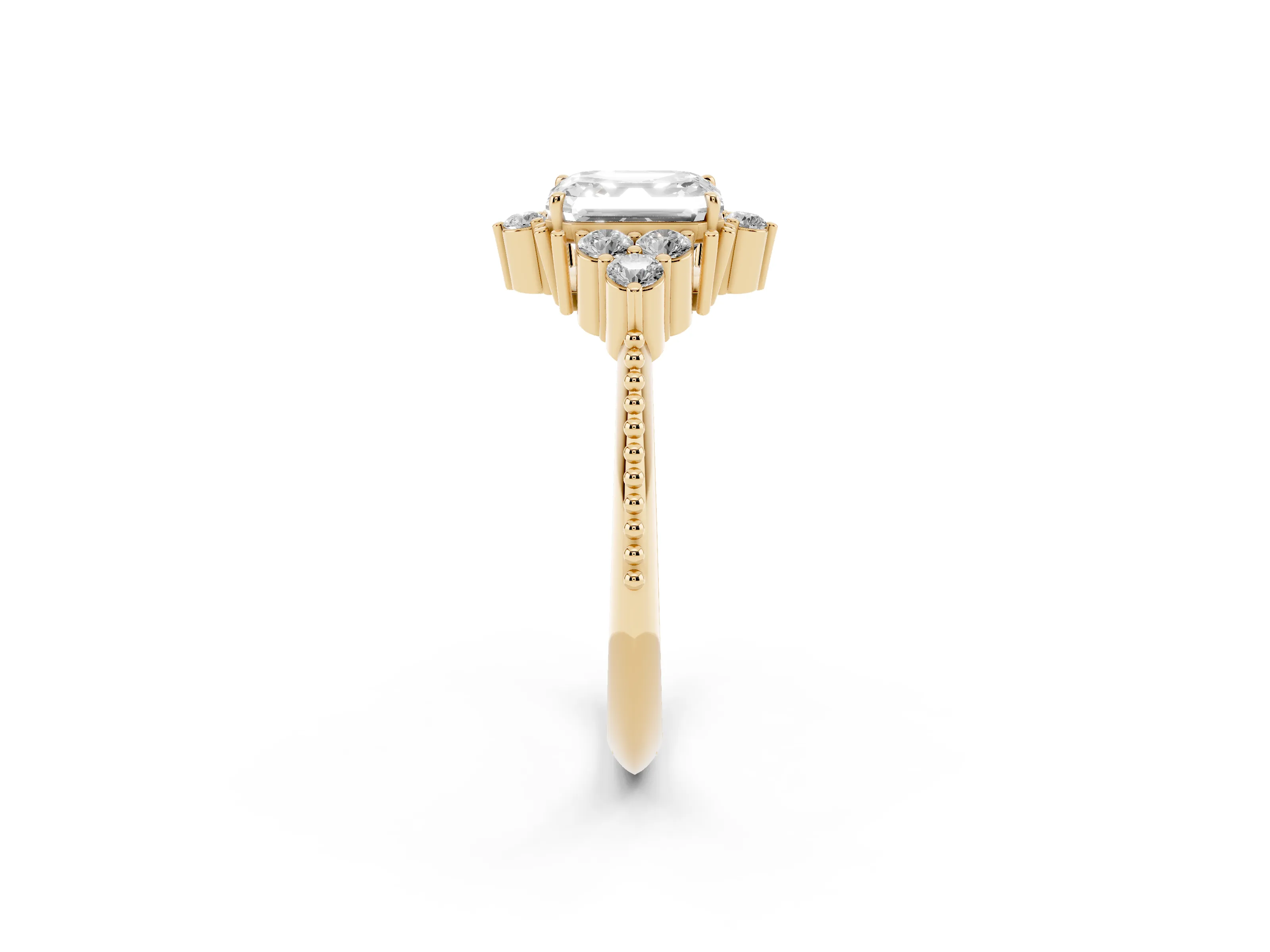 Asscher Cut Diamond Cluster Ring Set in Yellow gold with Beaded Band