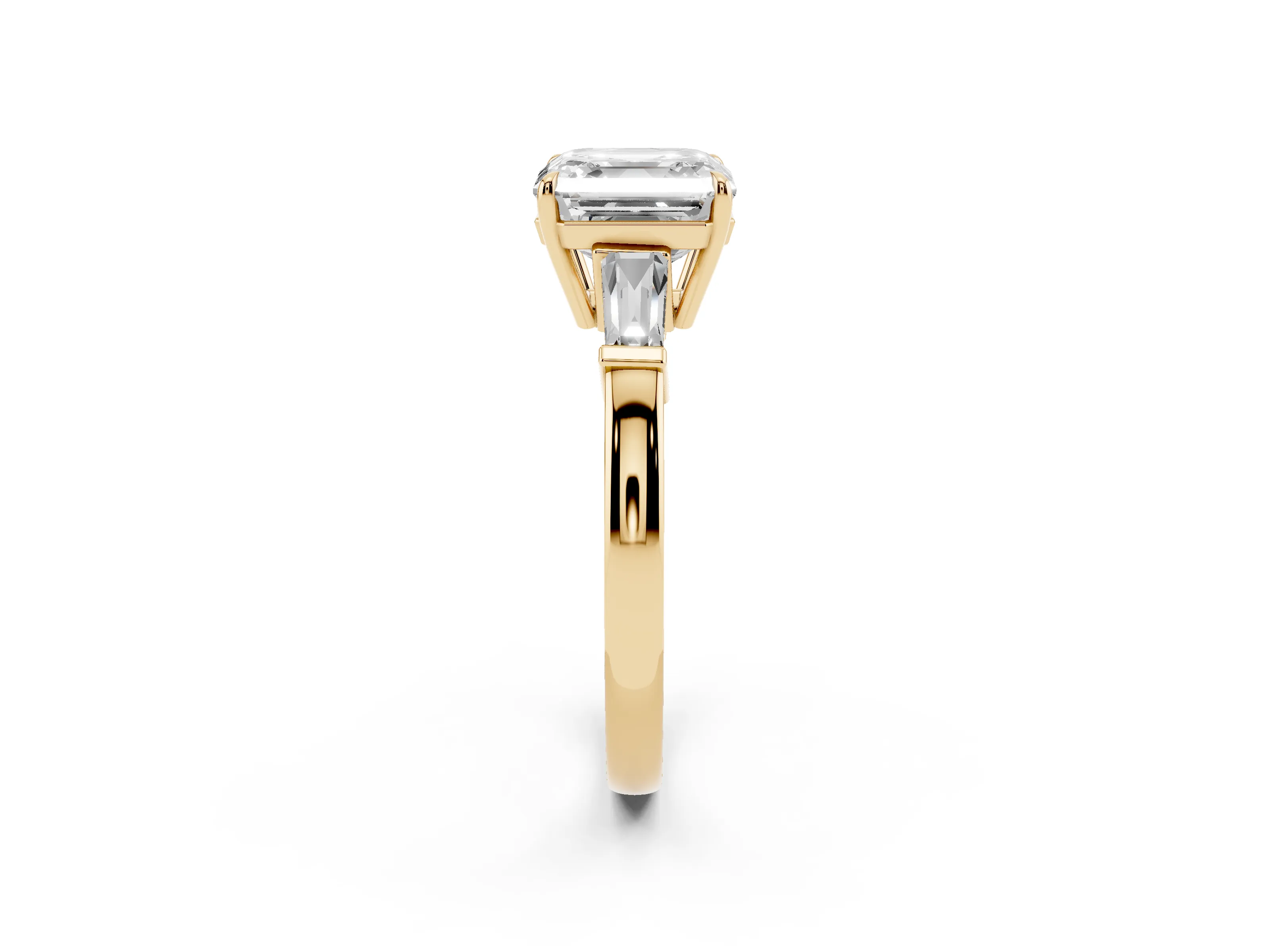 Asscher Cut Diamond Three-Stone Ring Set in Yellow gold with Tapered Baguette Side Stones and Prong Setting