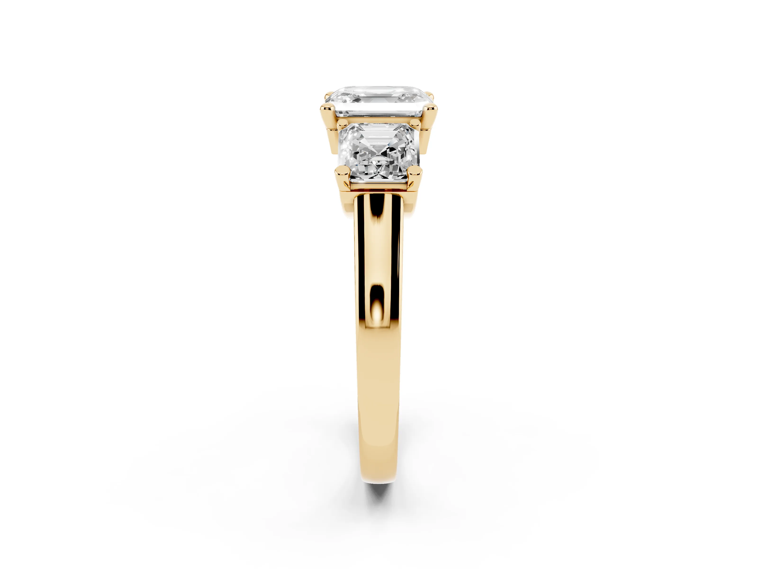 Asscher Cut Diamond Three-Stone Trellis Ring Set in Yellow gold with Comfort Fit Band