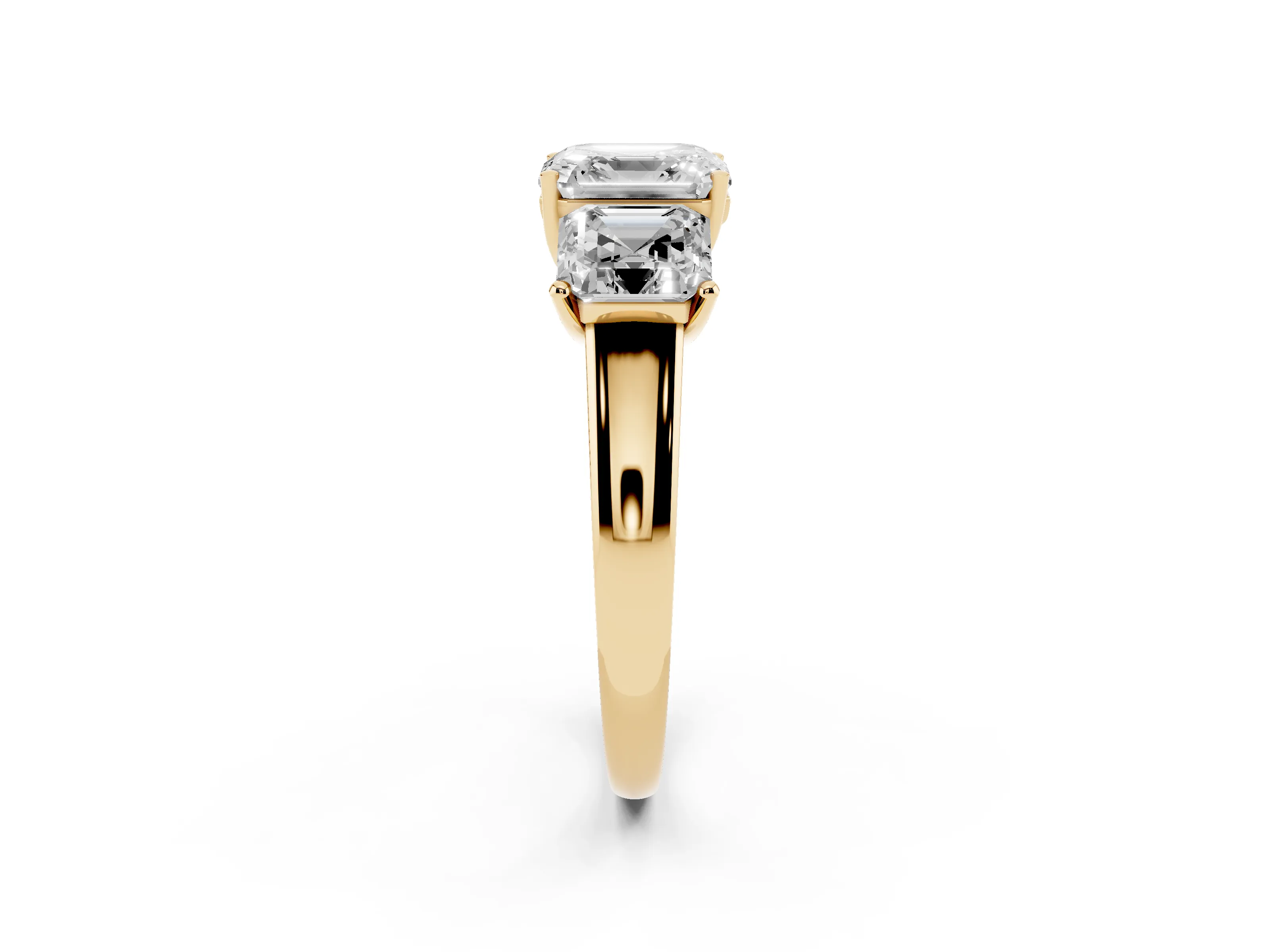 Asscher Cut Diamond Three-Stone Ring Set in Yellow gold with Classic Prong Setting and Plain Band