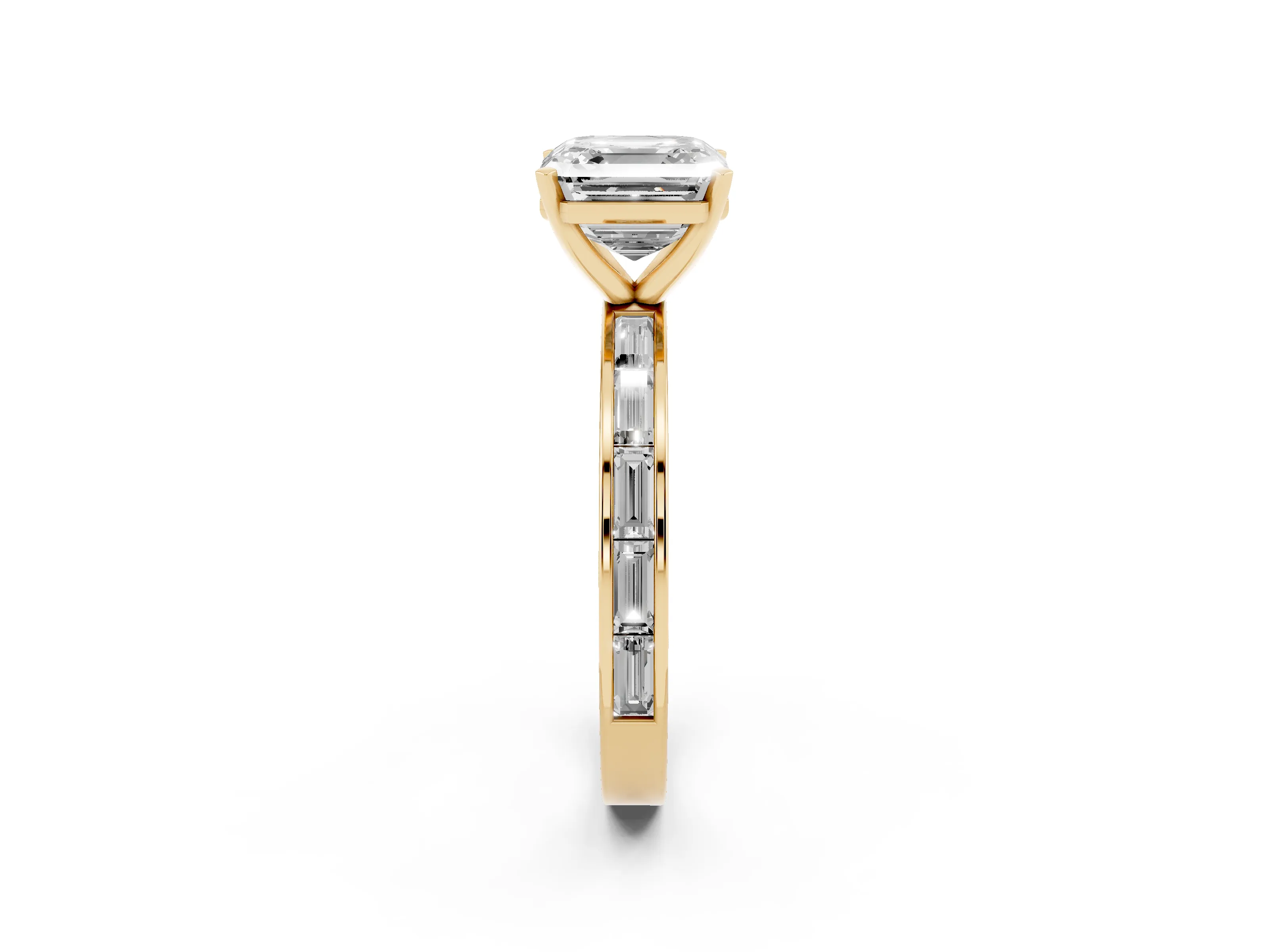 Asscher Cut Diamond Solitaire Ring Set in Yellow gold with Channel-Set Baguette Band and Prong Setting