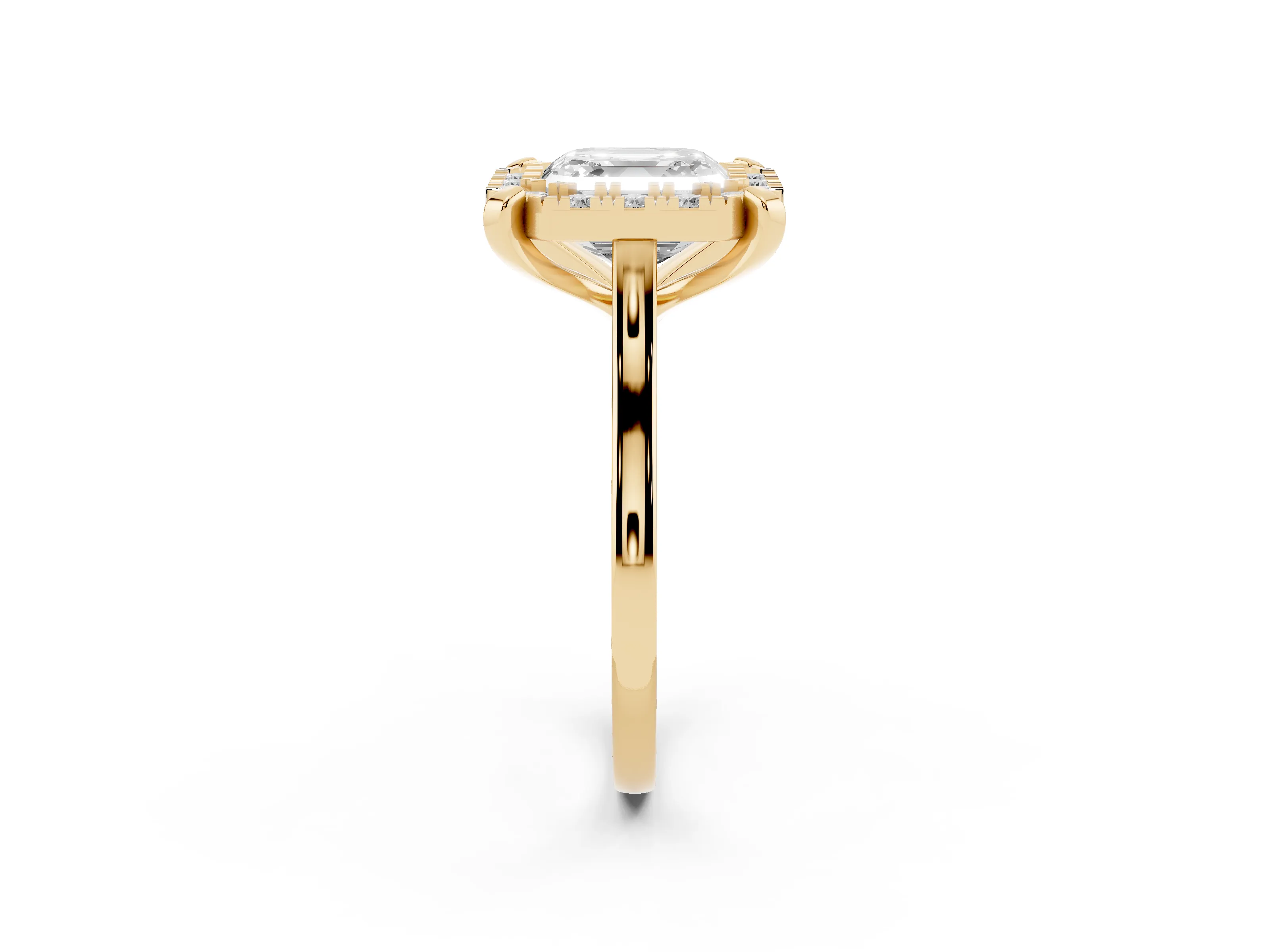 Asscher Cut Diamond Cluster Halo Solitaire Ring Set in Yellow gold with Prong Setting
