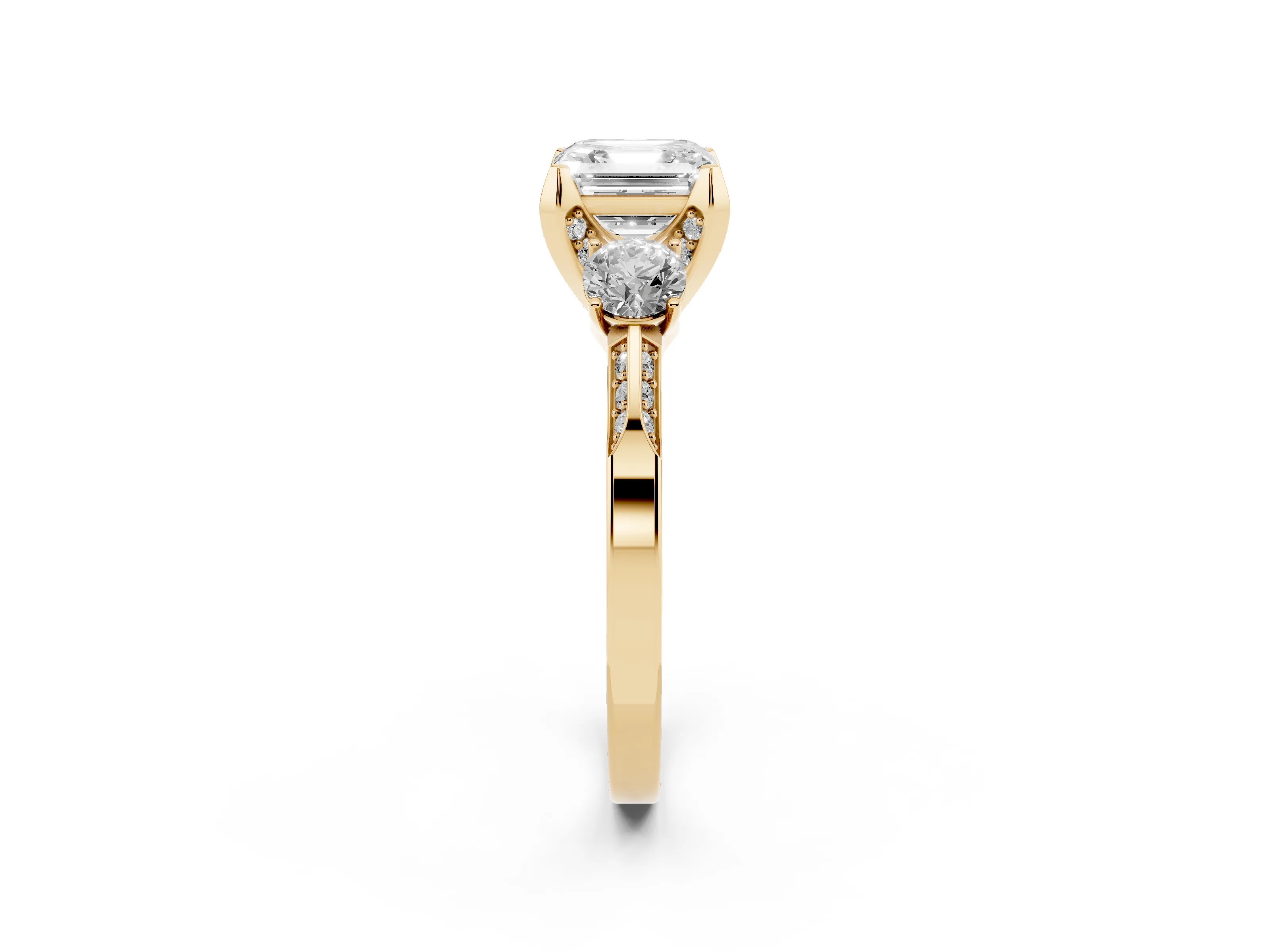Asscher Cut Diamond Three-Stone Ring Set in Yellow gold with Pavé Band and Smaller Side Stones