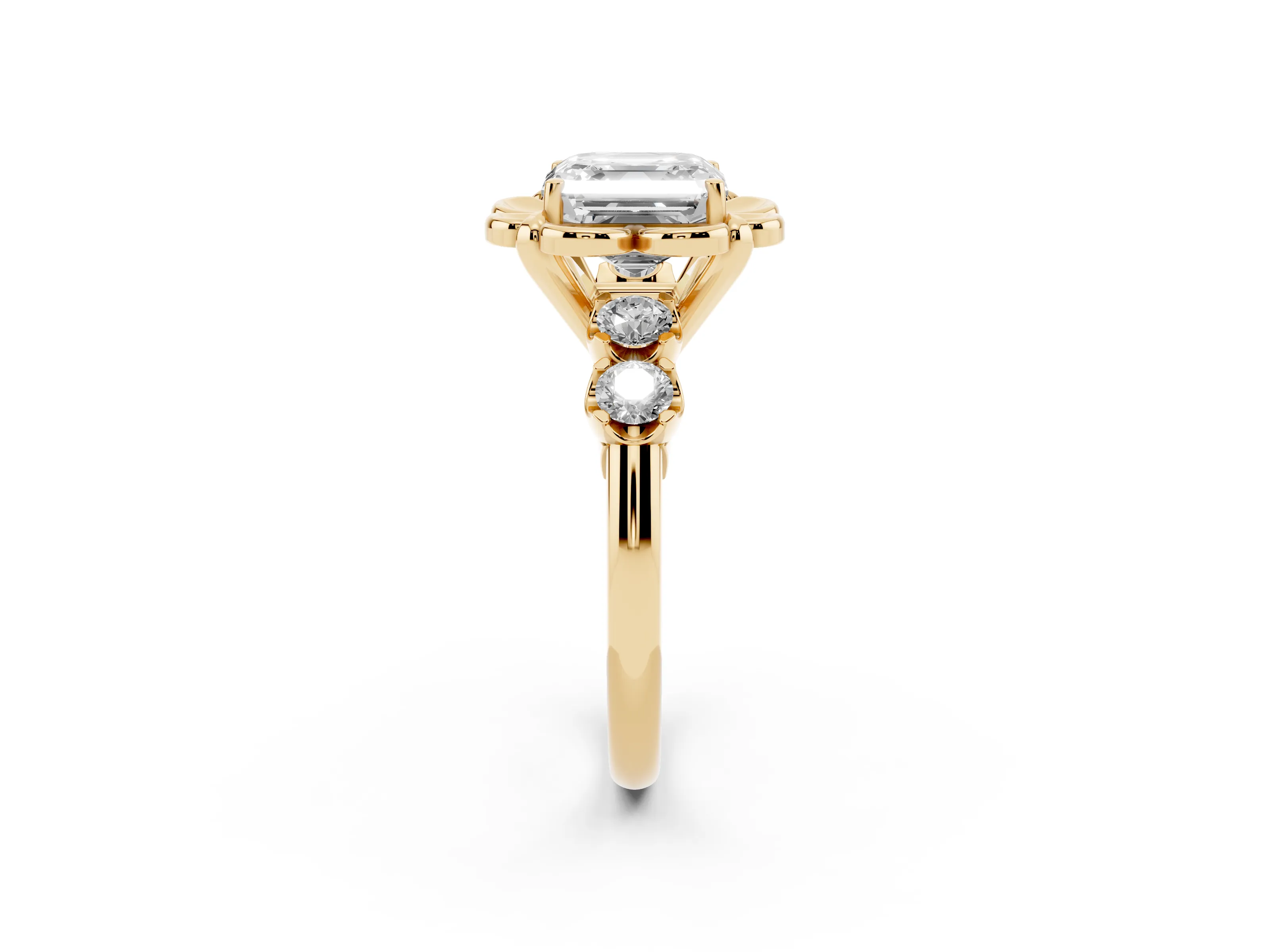 Asscher Cut Diamond Floral Halo Ring Set in Yellow gold with Shared Prong Band