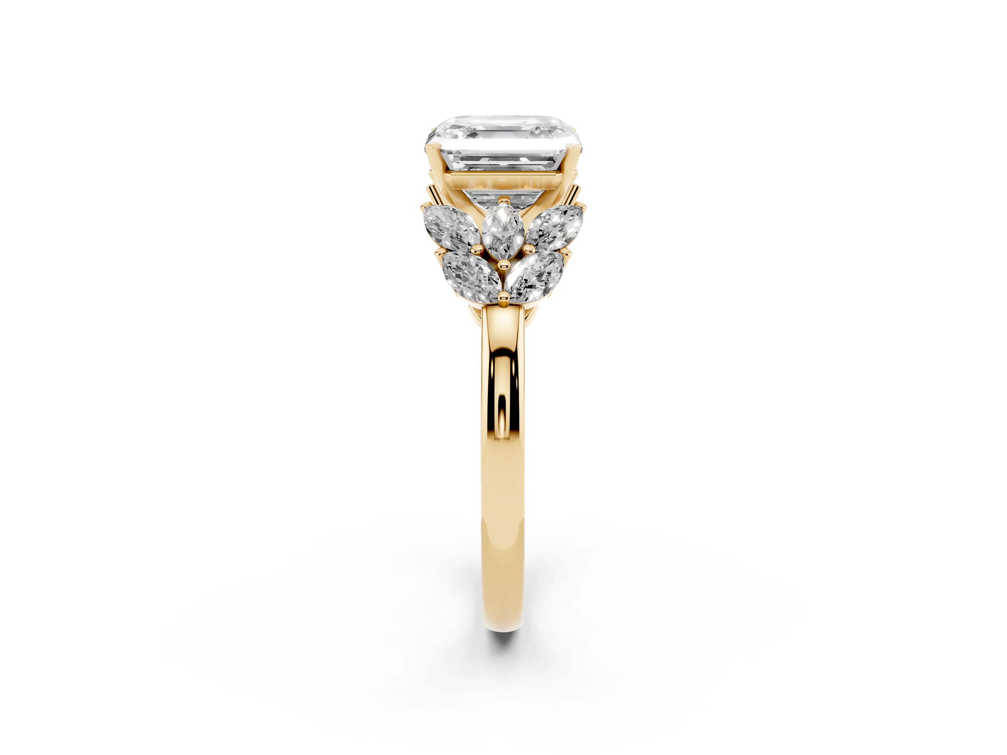 Asscher Cut Diamond Cluster Leaf Design Ring Set in Yellow gold with Prong Setting
