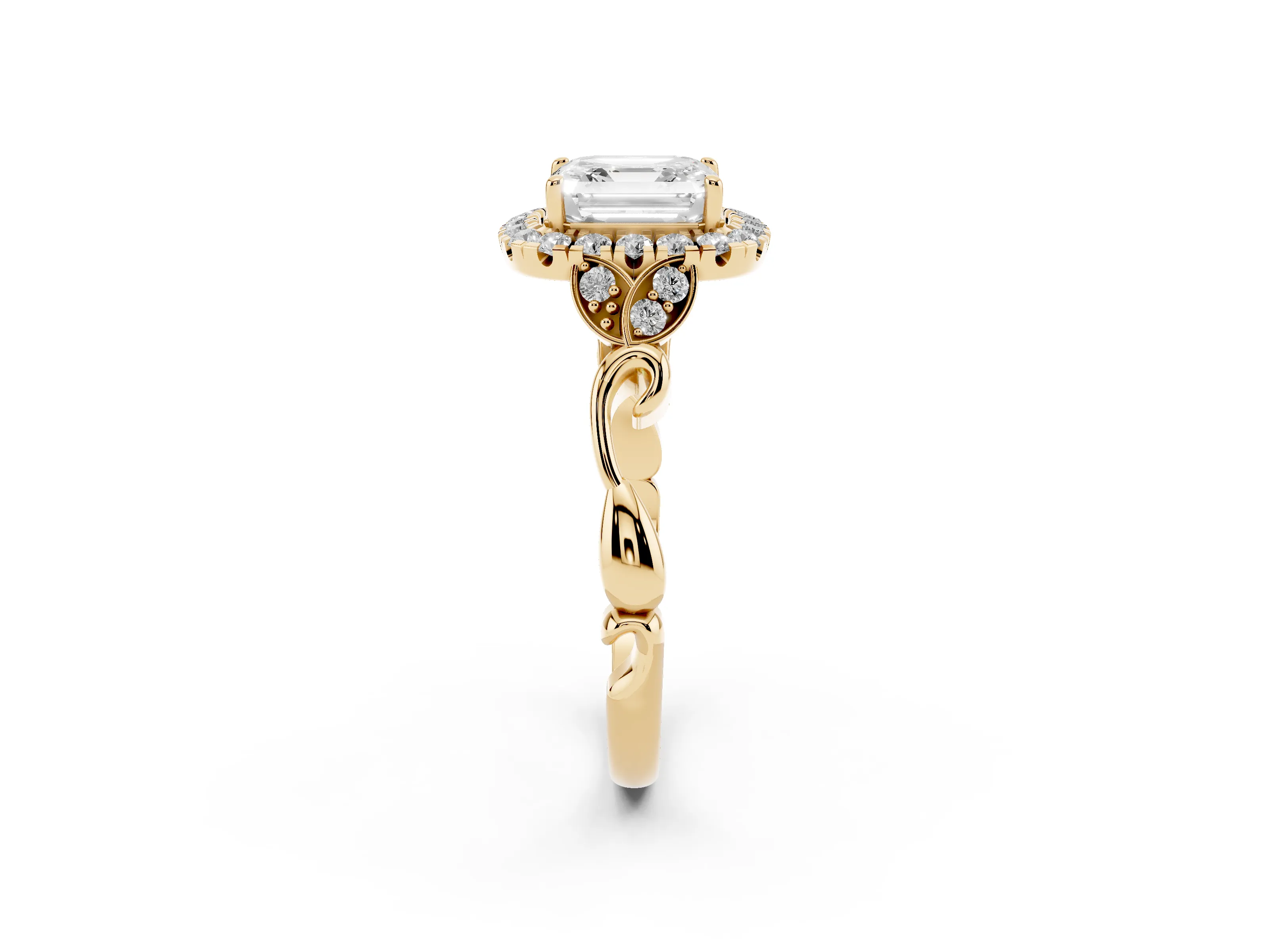 Asscher Cut Diamond Halo Engagement Ring Set in Yellow gold with Vintage-Inspired Band and Prong Setting