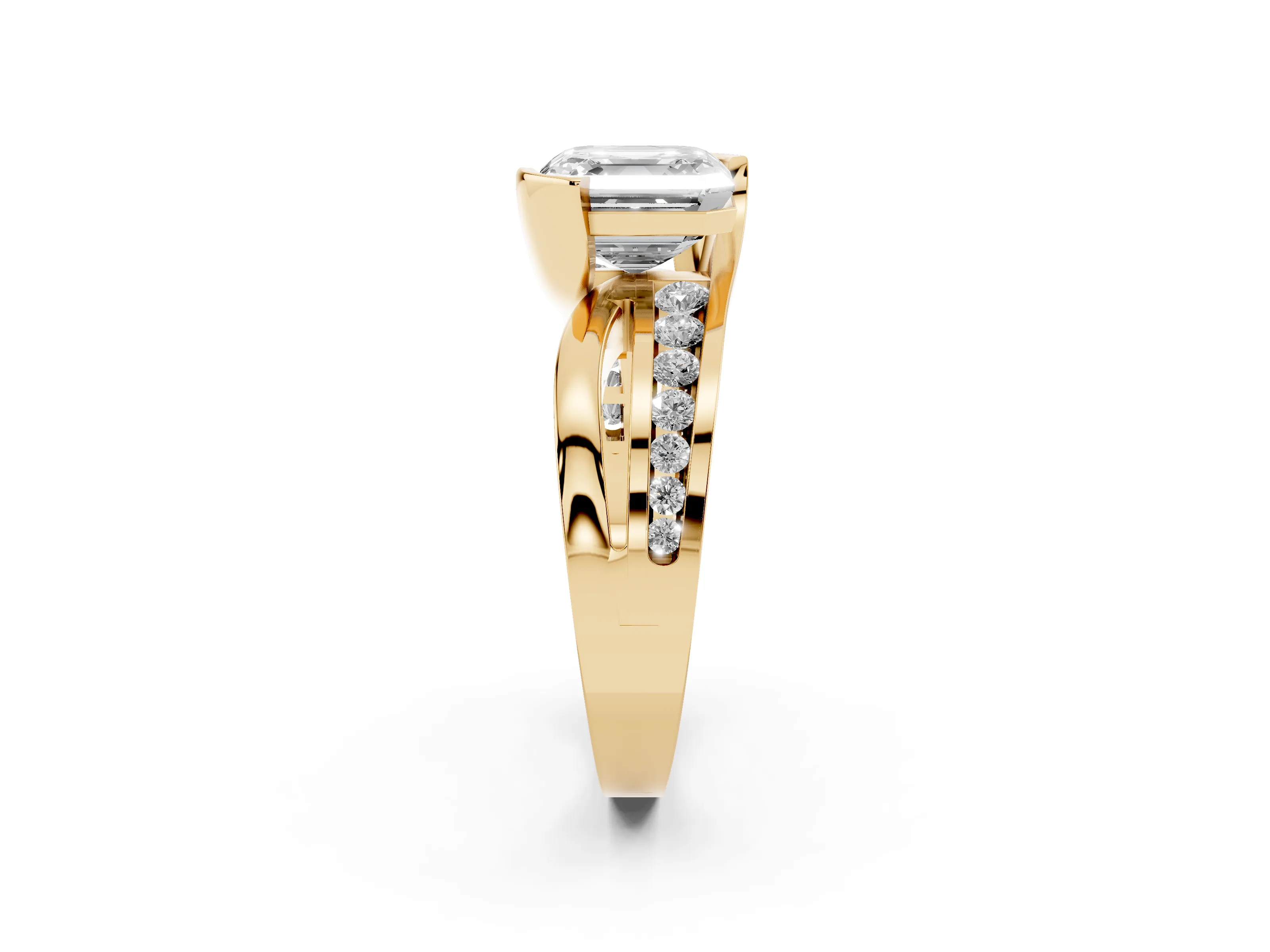 Asscher Cut Diamond Solitaire Ring Set in Yellow gold with Channel Set Split Shank and Tension Prongs