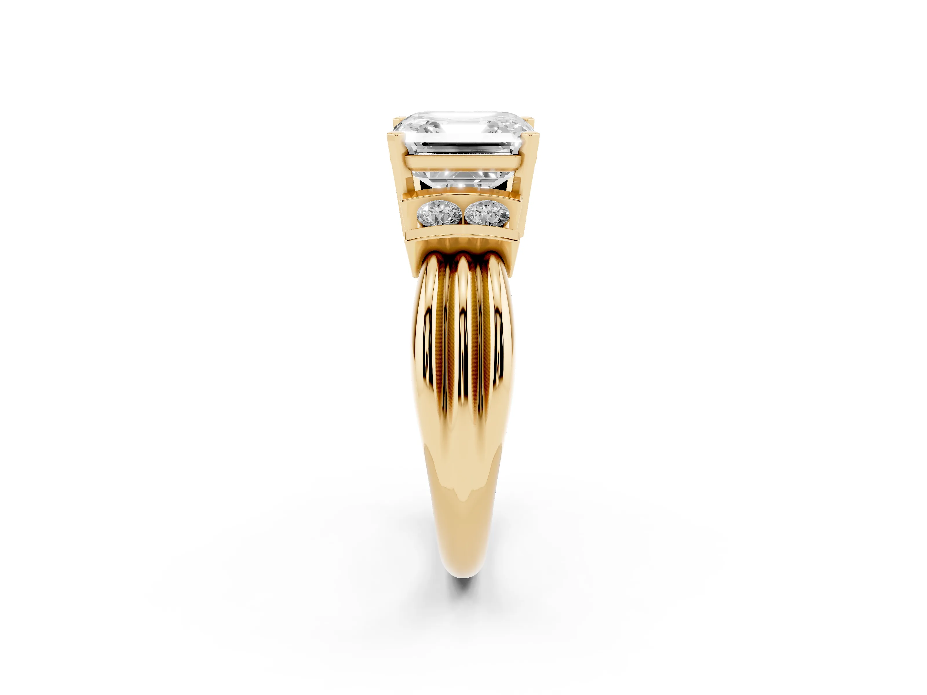 Three-Stone Asscher Cut Diamond Channel Set Ring Set in Yellow gold with Bar Prongs