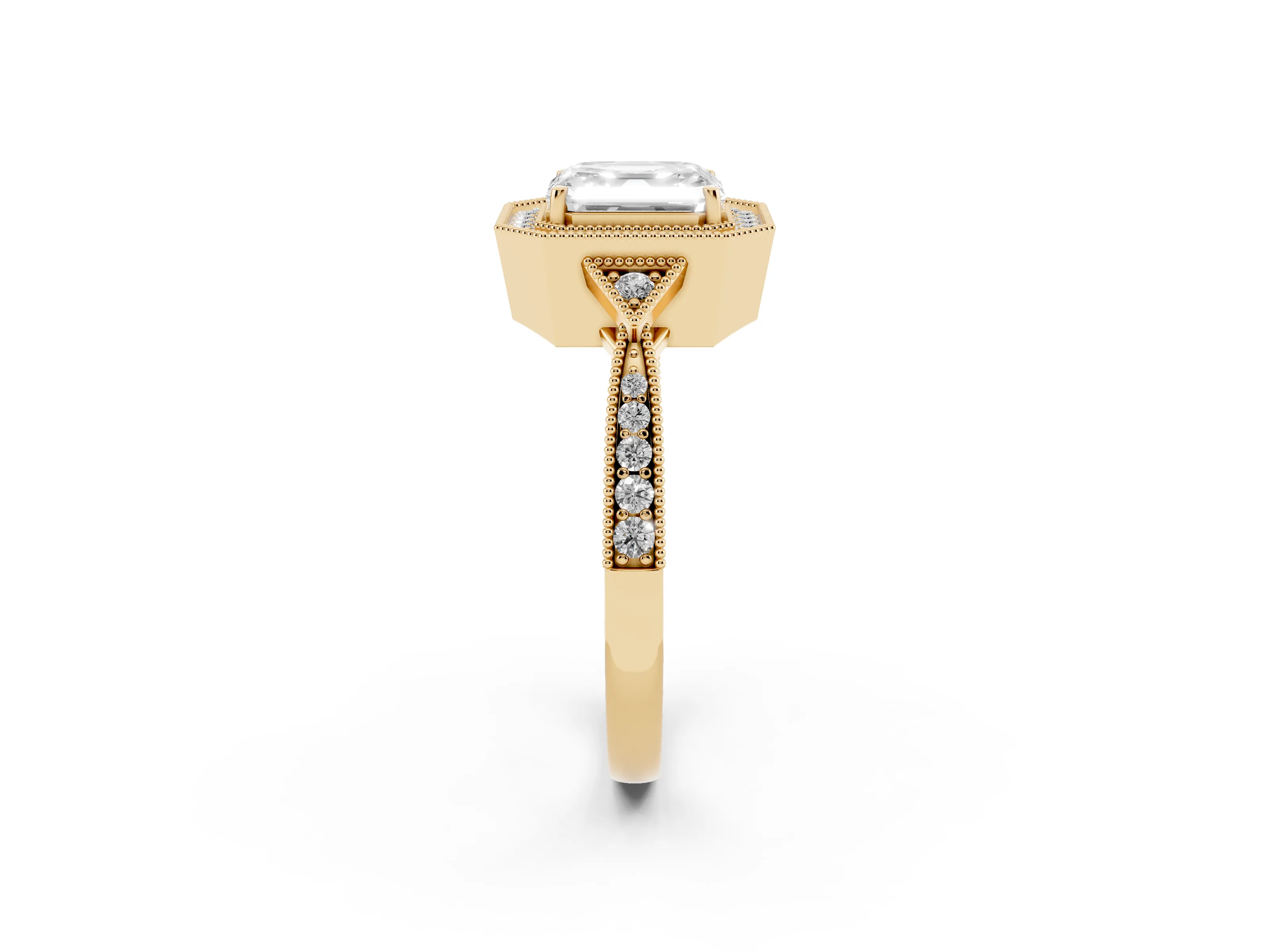 Asscher Cut Diamond Halo Engagement Ring Set in Yellow gold with Milgrain Pavé Band