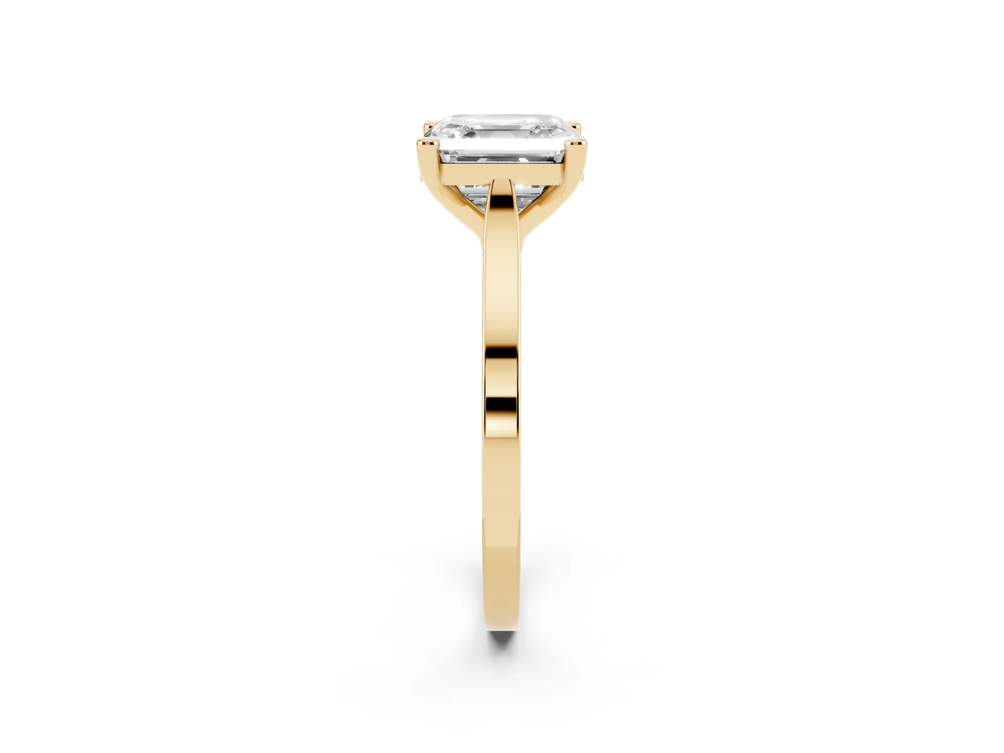 Asscher Cut Diamond Solitaire Ring Set in Yellow gold with Prong Setting and Tapered Band