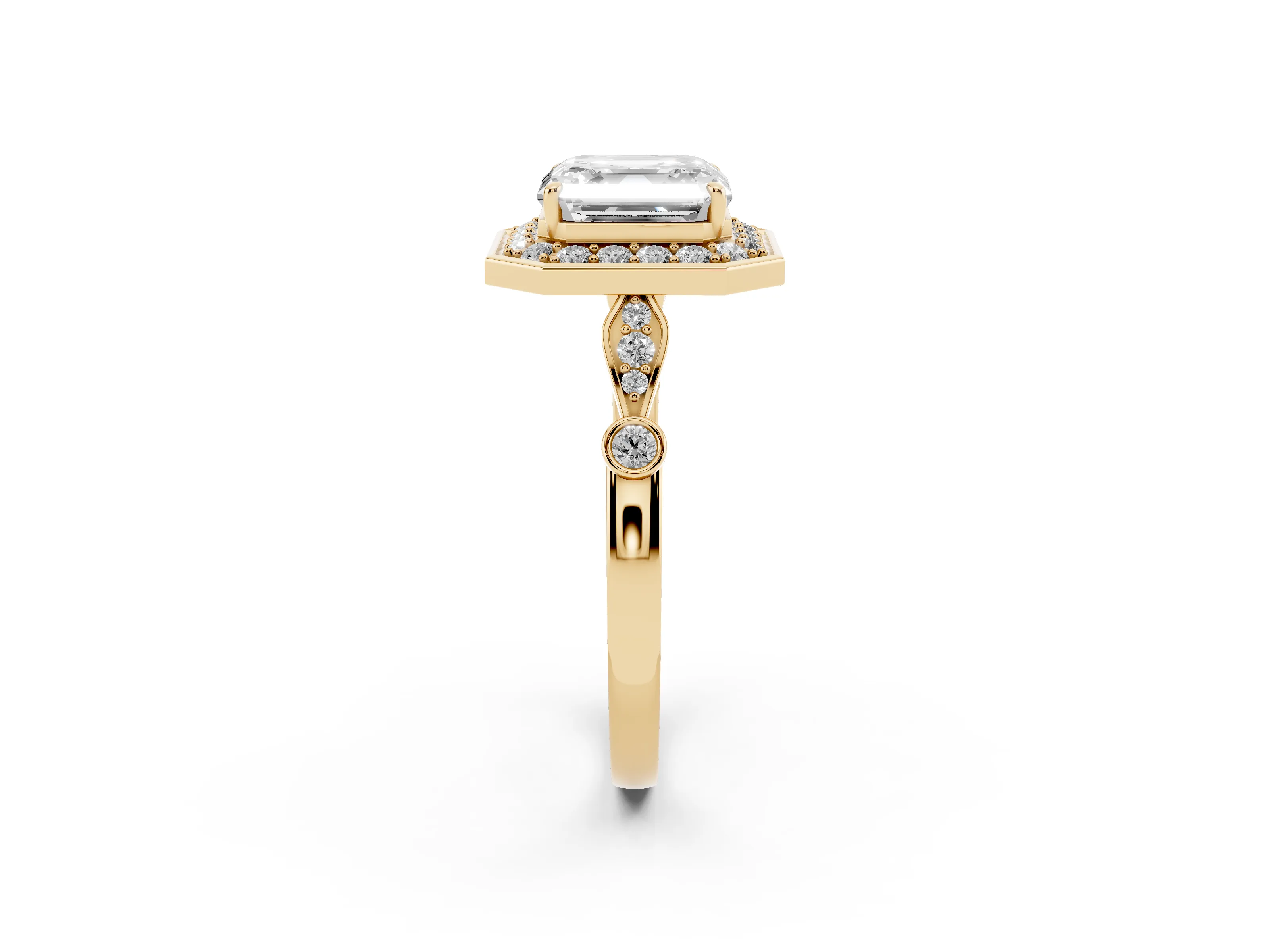 Asscher Cut Diamond Halo Engagement Ring Set in Yellow gold with Twisted Band and Prong Setting