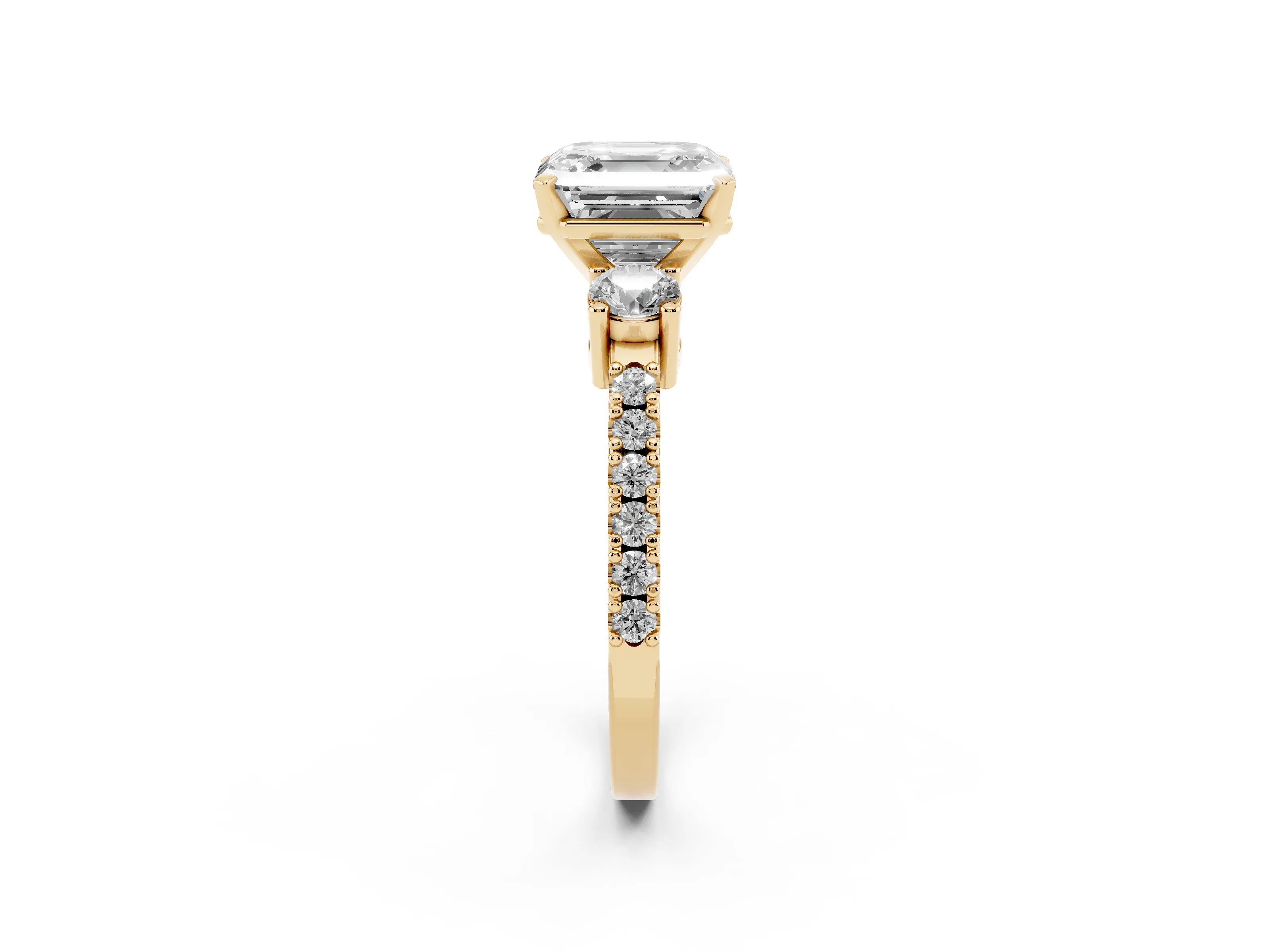 Three-Stone Asscher Cut Diamond Pavé Band Ring Set in Yellow gold with Prong Setting