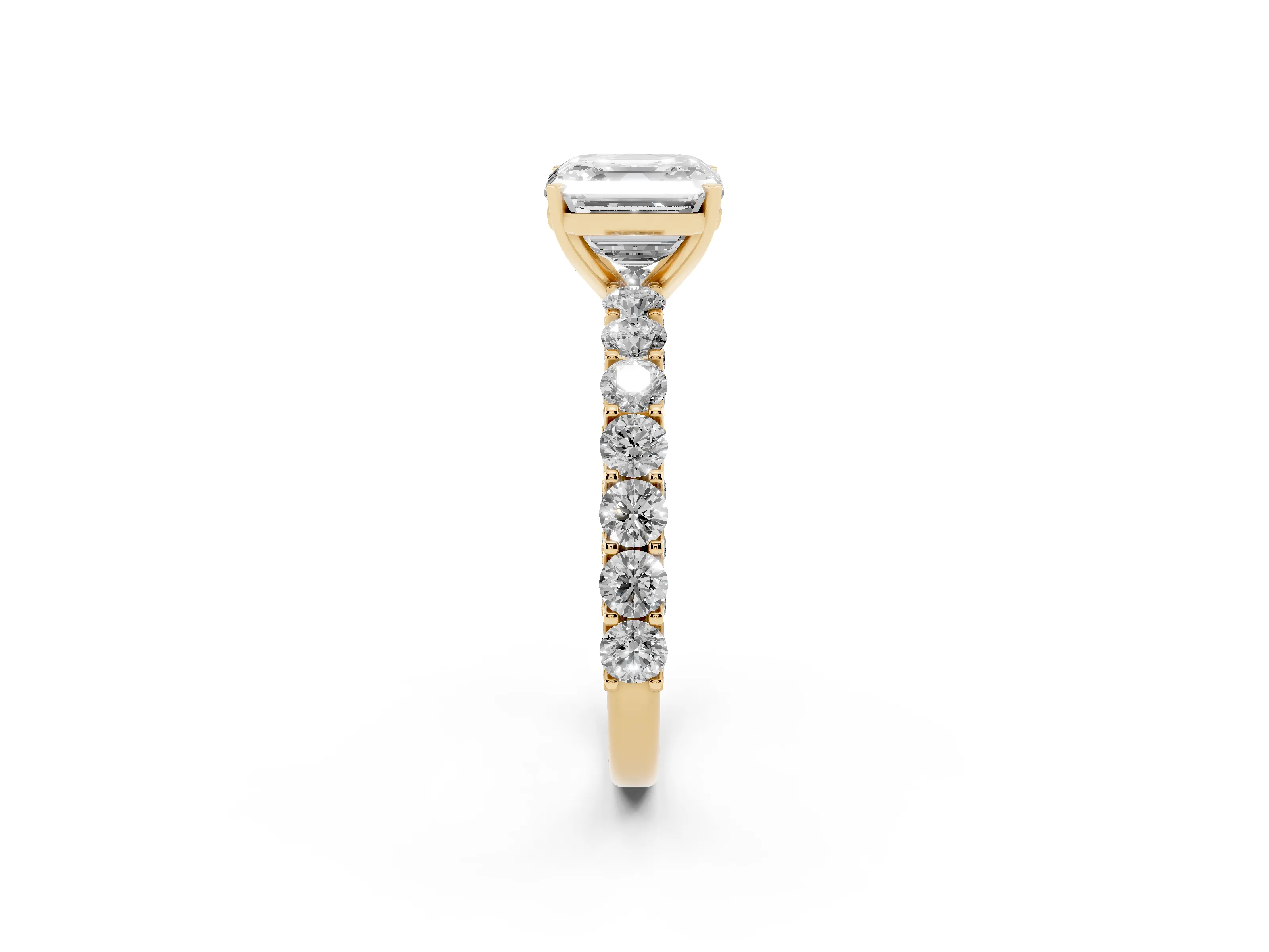 Asscher Cut Diamond Solitaire Ring Set in Yellow gold with Shared Prong Pavé Band