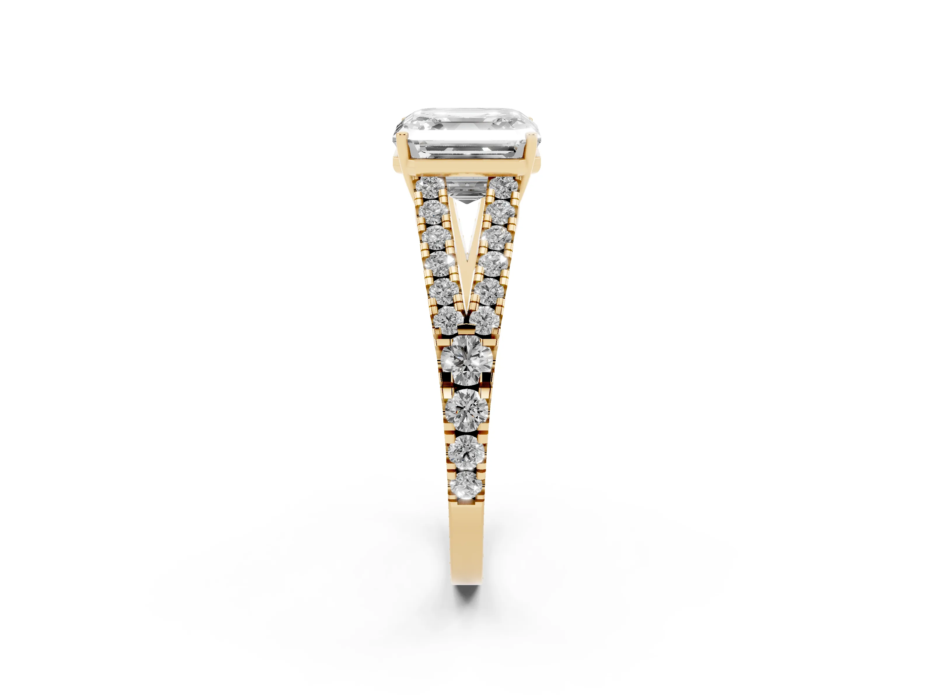 Asscher Cut Diamond Split Shank Pavé Engagement Ring Set in Yellow gold with Prong-Held Center Stone