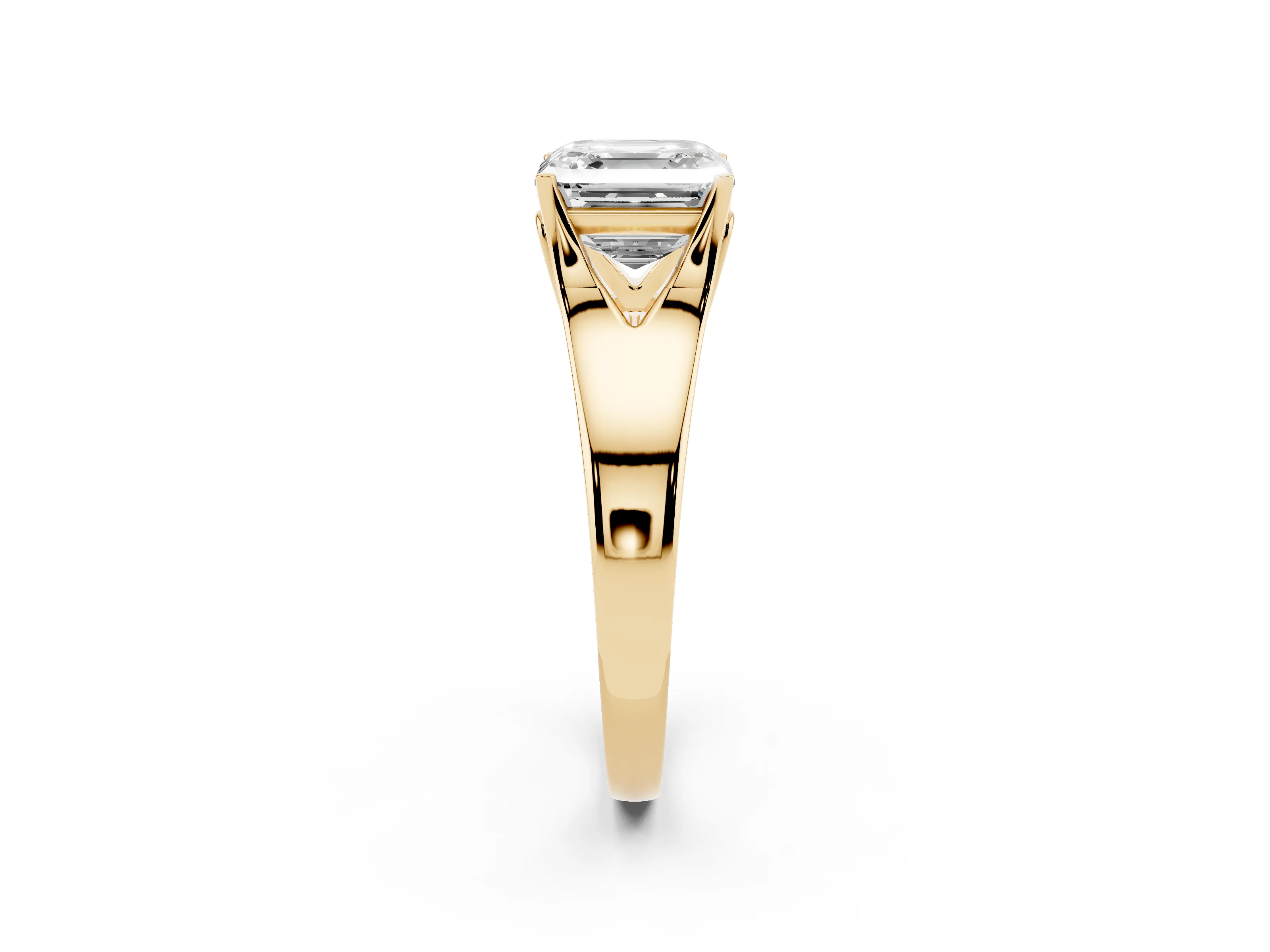 Asscher Cut Diamond Solitaire Ring Set in Yellow gold with Arched Cathedral Band and Prong Setting