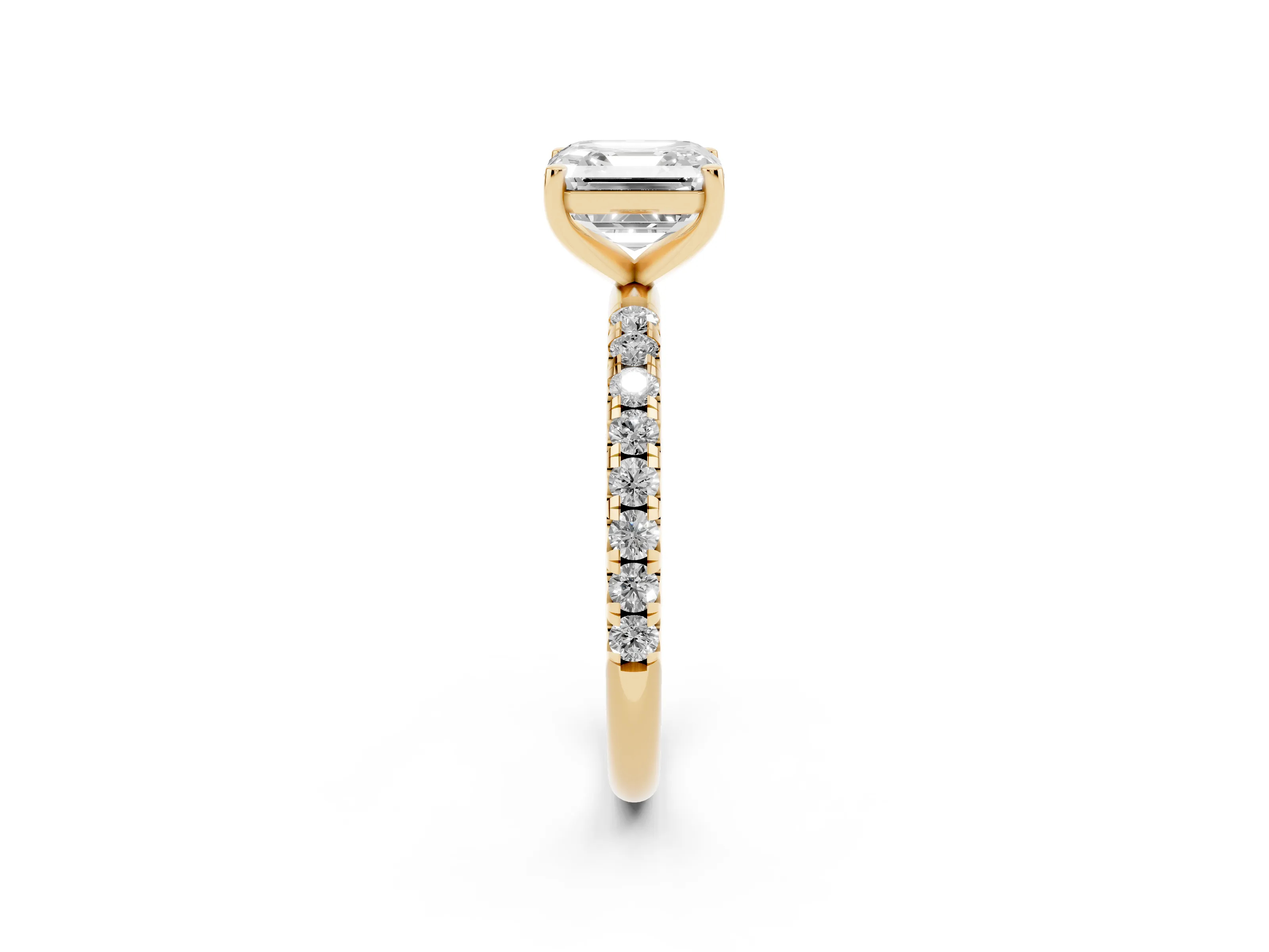 Asscher Cut Diamond Solitaire Ring Set in Yellow gold with Micro Pavé Band and Prong Setting