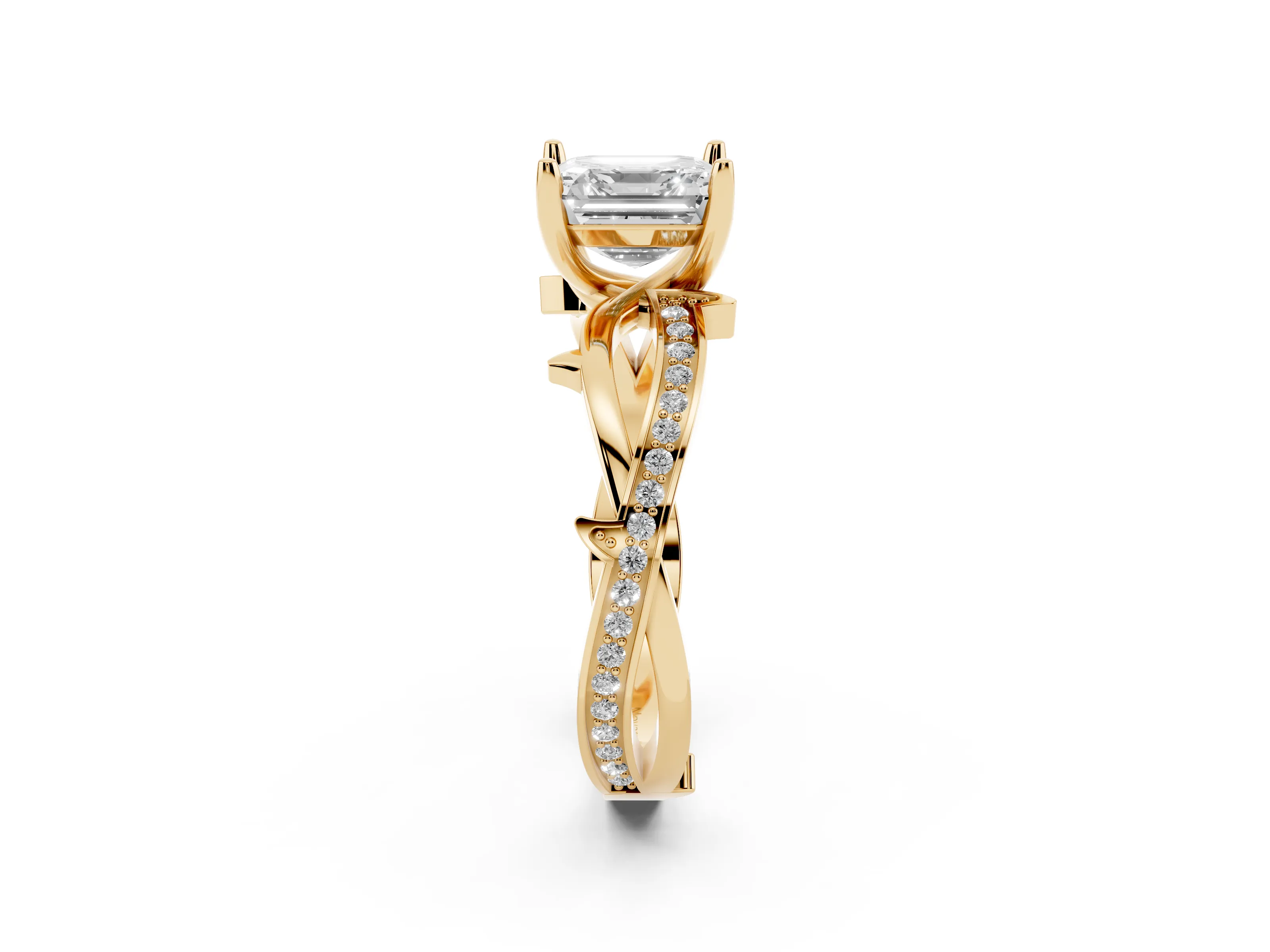 Asscher Cut Diamond Pavé Twist Band Solitaire Ring Set in Yellow gold with Prong Setting