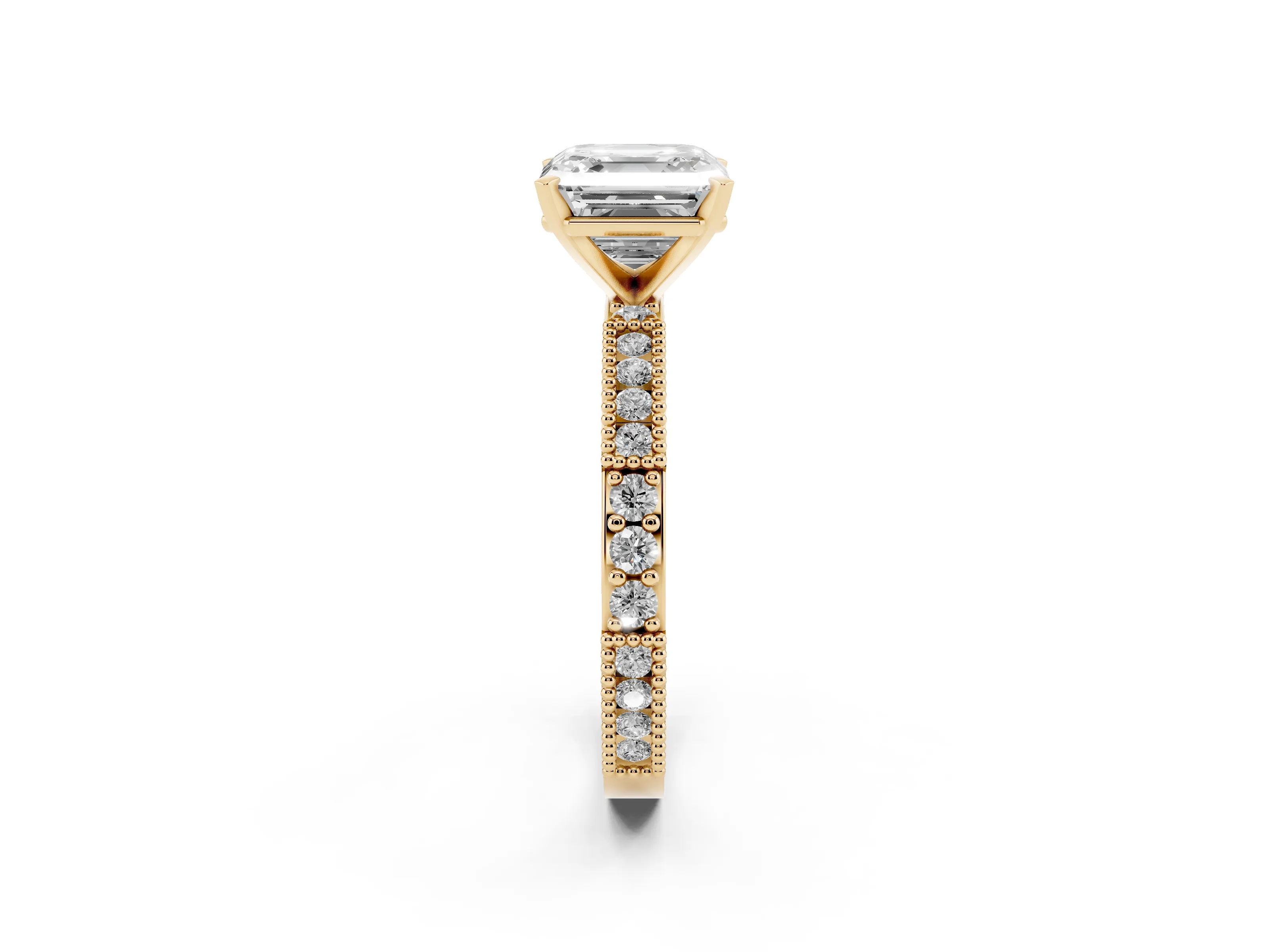 Asscher Cut Diamond Solitaire Ring Set in Yellow gold with Slim Pavé Band and Prong Setting