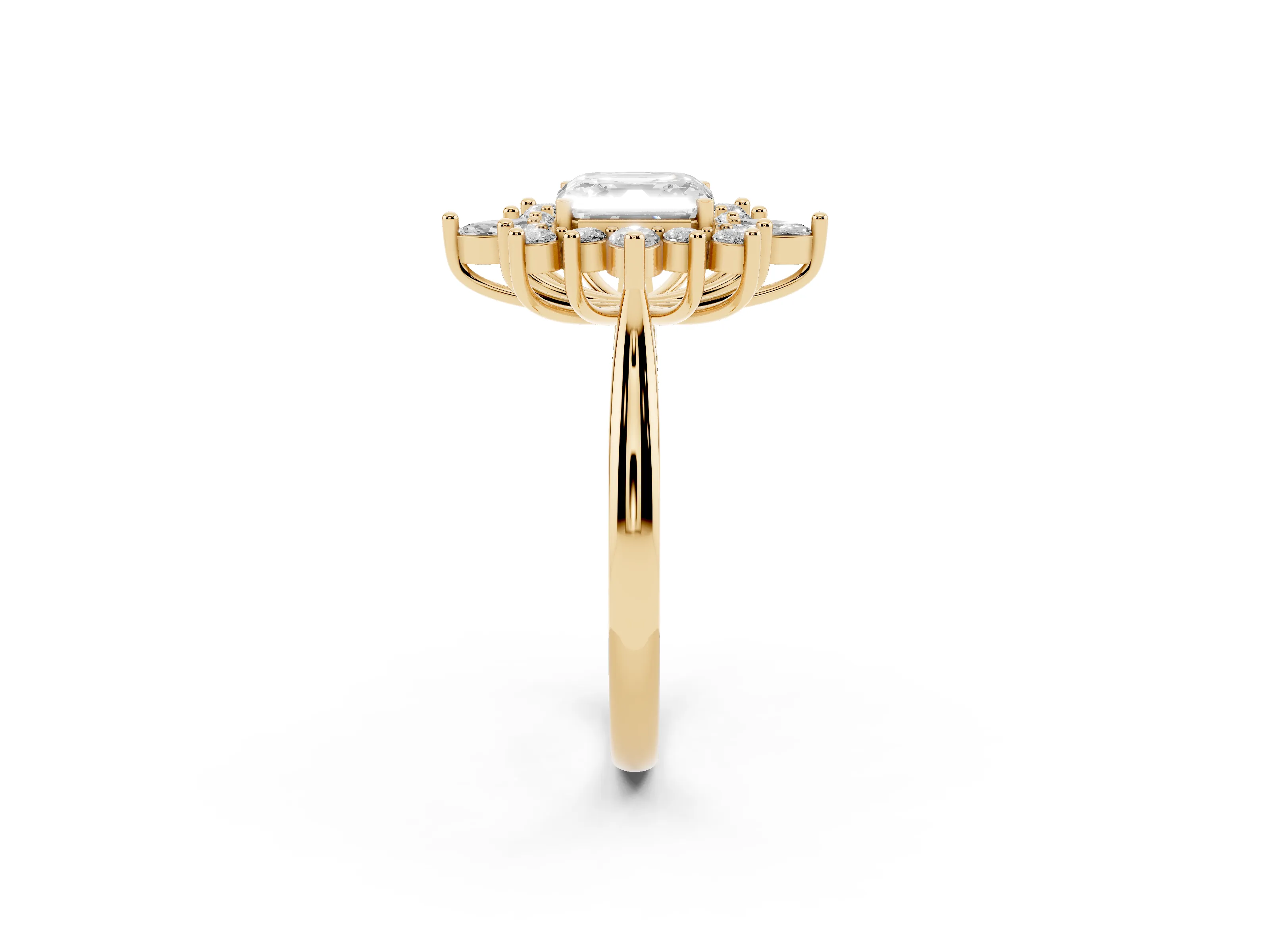 Asscher Cut Diamond Cluster Halo Ring Set in Yellow gold with Marquise and Round Accents