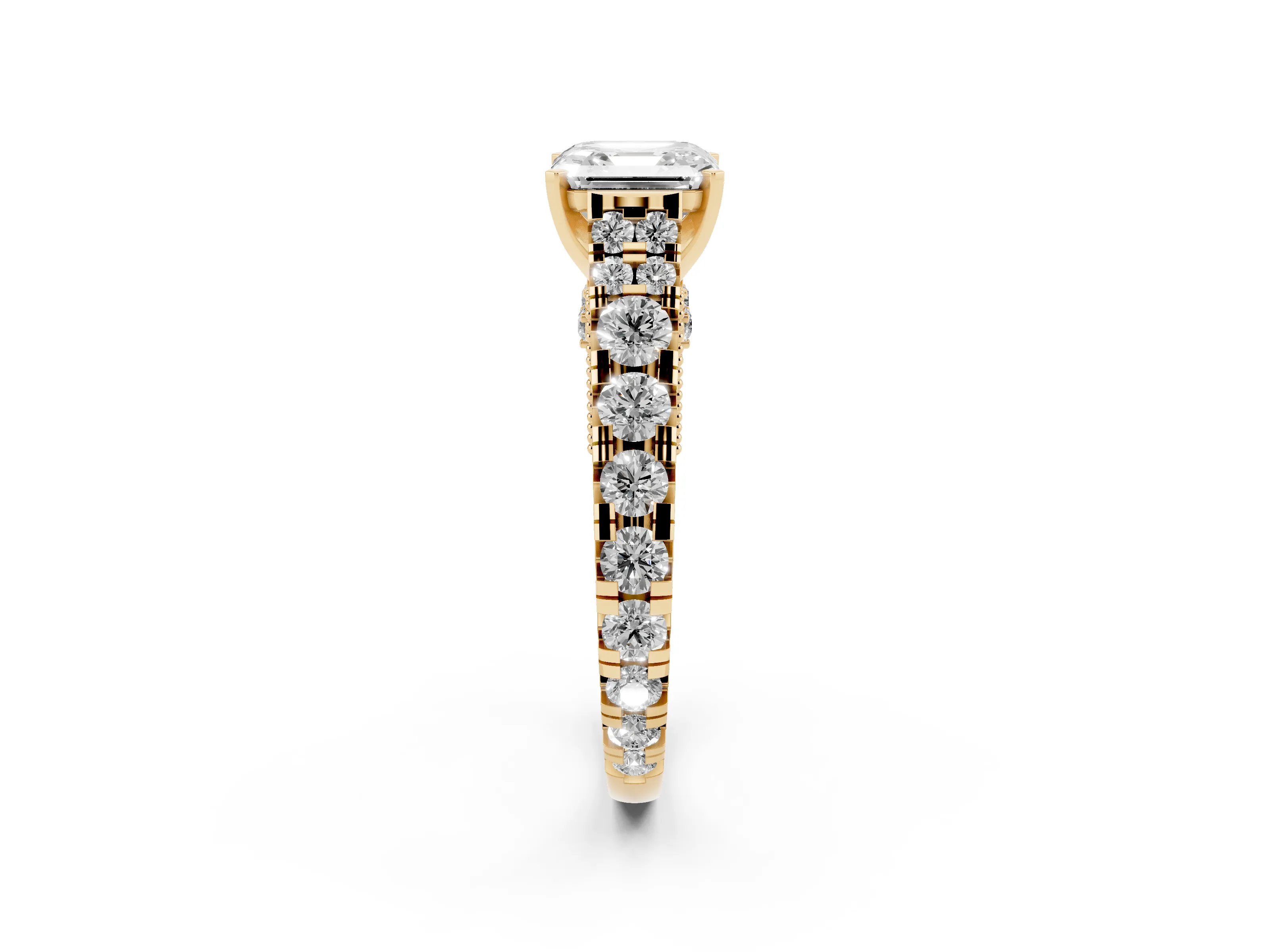 Asscher Cut Diamond Classic Solitaire Ring Set in Yellow gold with Pavé Band and Prong Setting