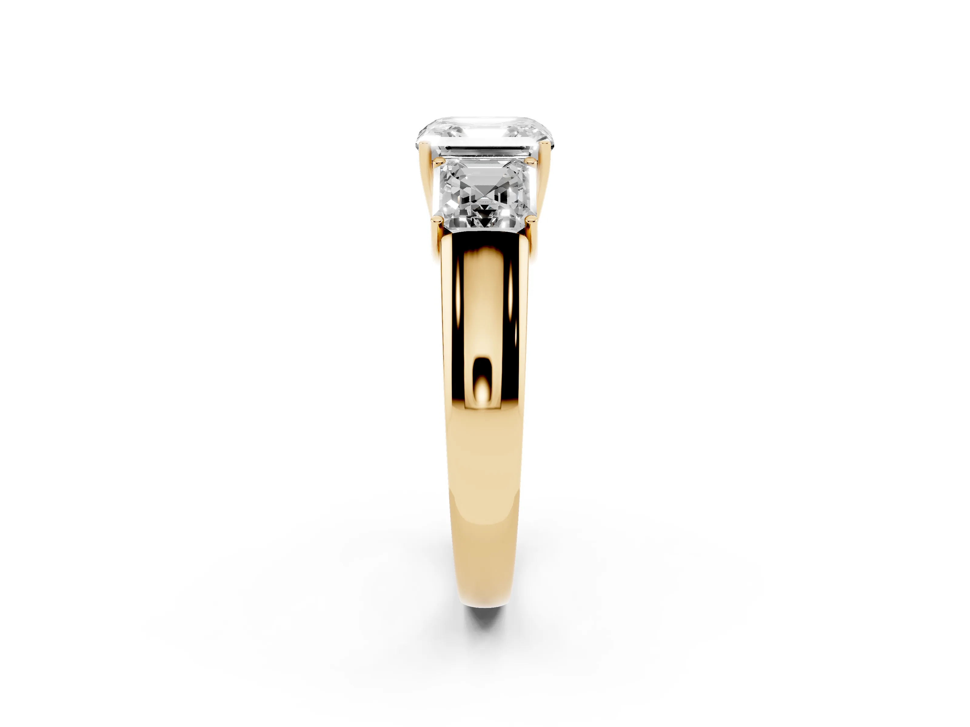 Three-Stone Asscher Cut Diamond Ring Set in Yellow gold with Matching Prong Settings and Plain Band