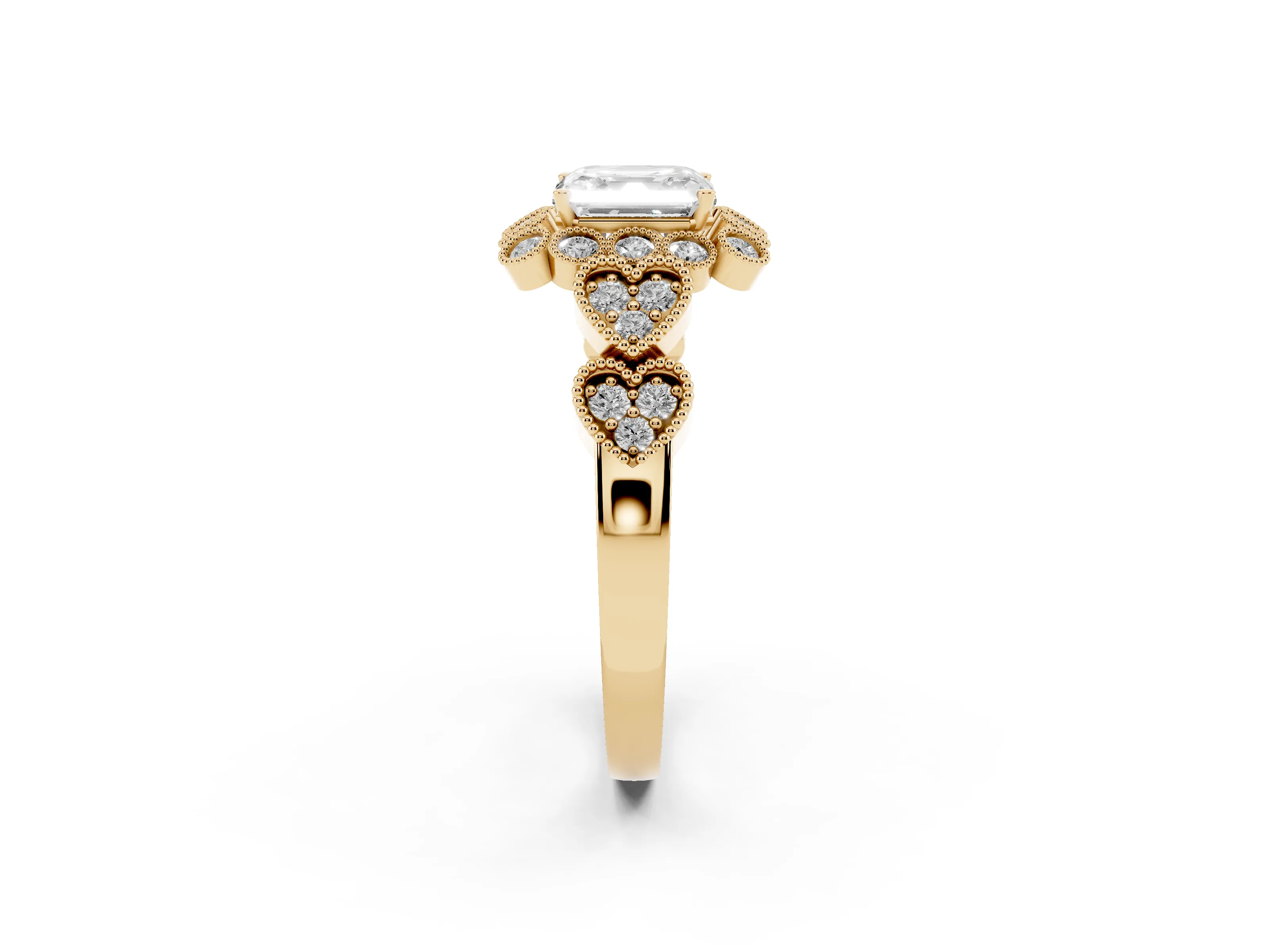 Asscher Cut Diamond Solitaire Ring Set in Yellow gold with Milgrain Pavé Heart Band